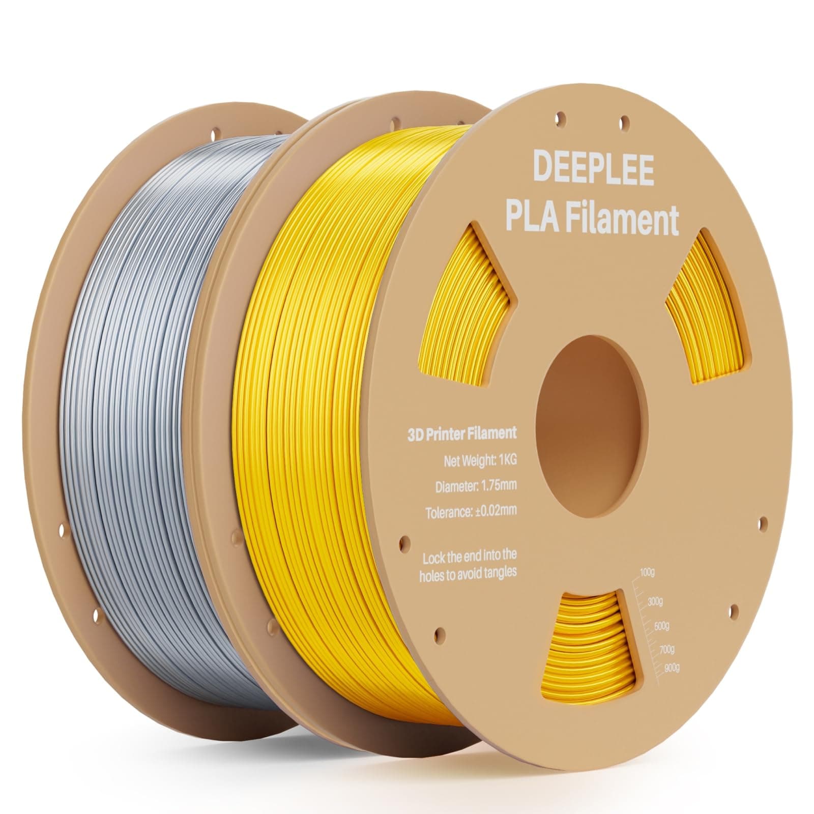 DEEPLEE Silk PLA 1.75 mm, Kit 2 Bobinas Dorado y Gris Plateado, 2 kg. Acabado Brillante Tipo Seda. Alta Precisión ±0.02 mm. Enrollado Perfecto, Sin Atascos. Compatible con Impresoras FDM.