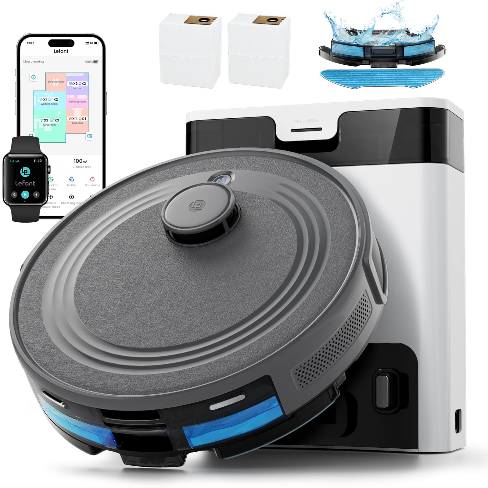 Lefant M2 Pro Robot Aspirapolvere Lavapavimenti con Mappatura, Stazione Svuotamento Automatico, 6000Pa, Navigazione Laser dToF, Navigazione PSD, Pulizia Personalizzata, WiFi/App/Alexa, Grigio