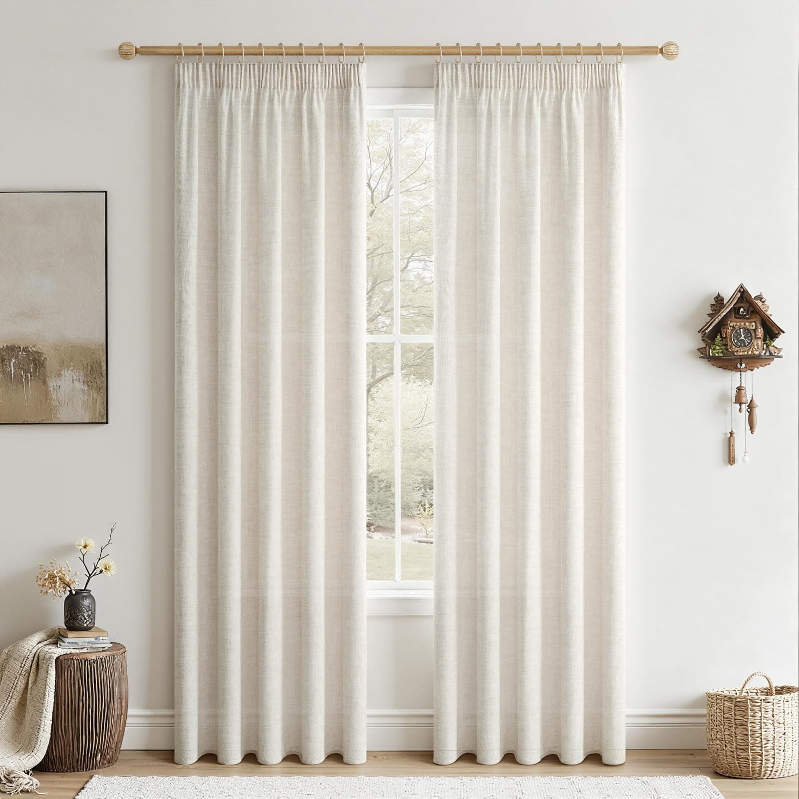 CUTEWIND Rideau Salon Lin Ivoire Rideau en Lin Rideaux Bonne Femme 140 x 220 cm (LxH), 2 Pièces, Rideaux à Galon Fronceur Tamisant Semi-Transparent pour Grande Baie Vitrée de Chambre et Maison