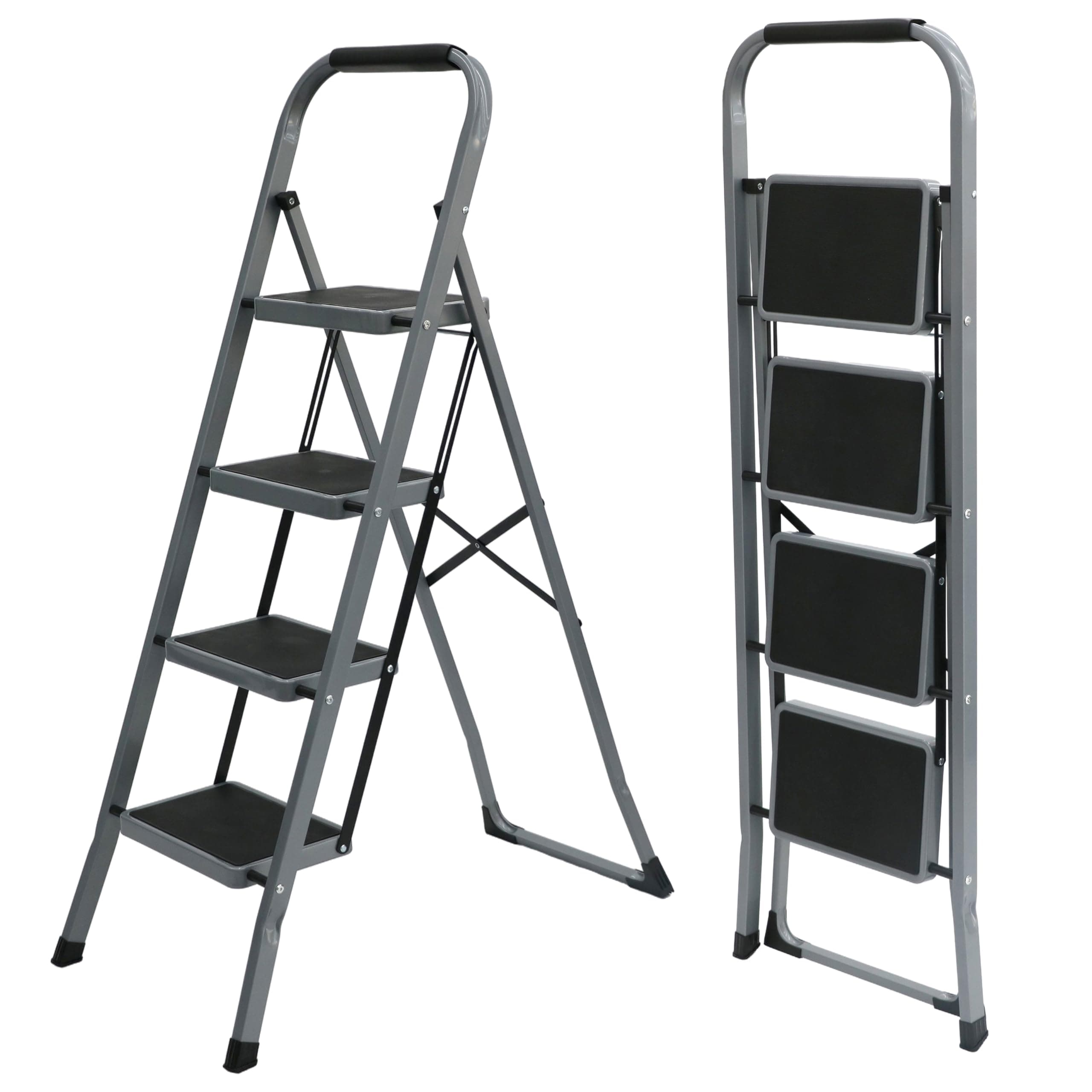 UZIRO Escalera Plegable 4 Peldaños -Estructura de Acero y Peldaño Antideslizante - Asa Superior de Goma - Escaleras Plegables Domésticas - Step Ladder para Hogar (Gris, 4 Pedaños)
