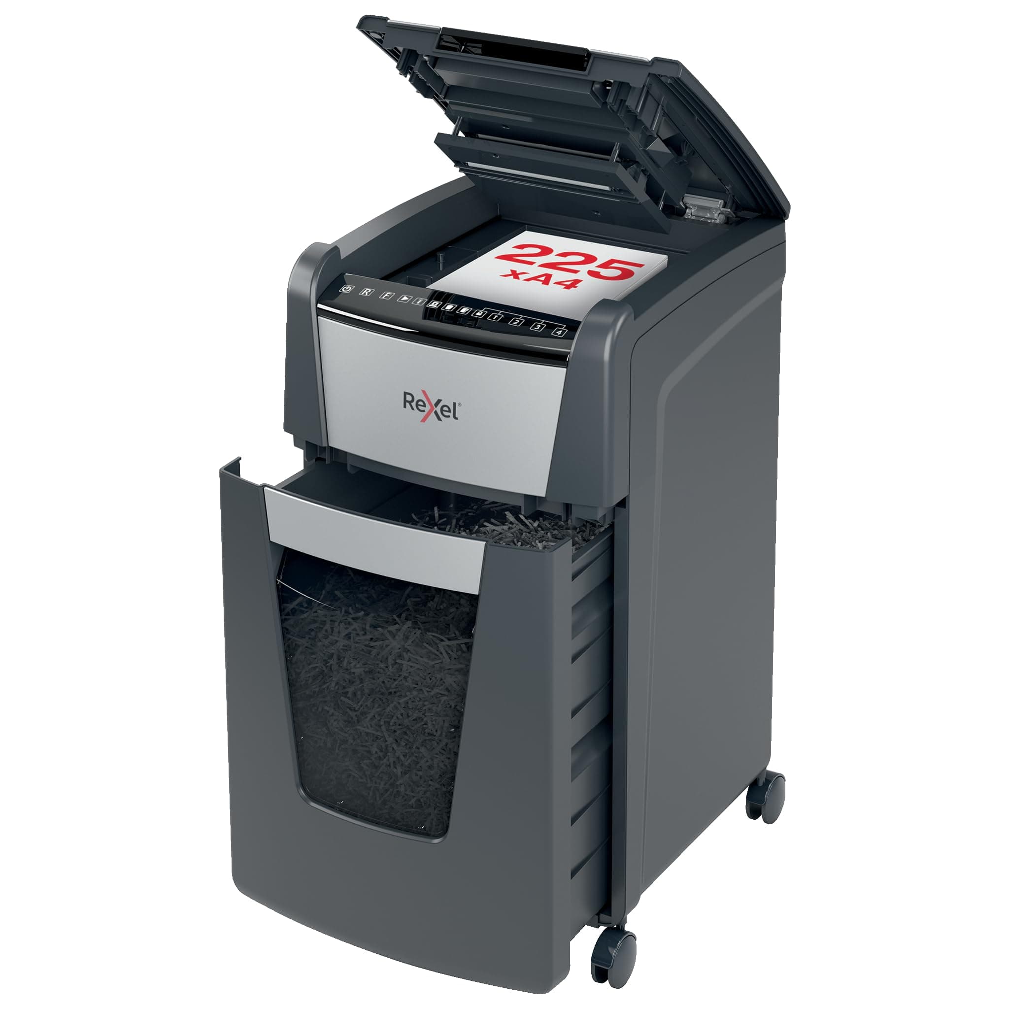 Rexel, Destructeur Automatique, Coupe Croisée P4, 225 Feuilles, Bac 60L | Destructeur automatique coupe croisée P4, capacité 225 feuilles, corbeille 60L amovible, équipé de roulettes pivotantes.