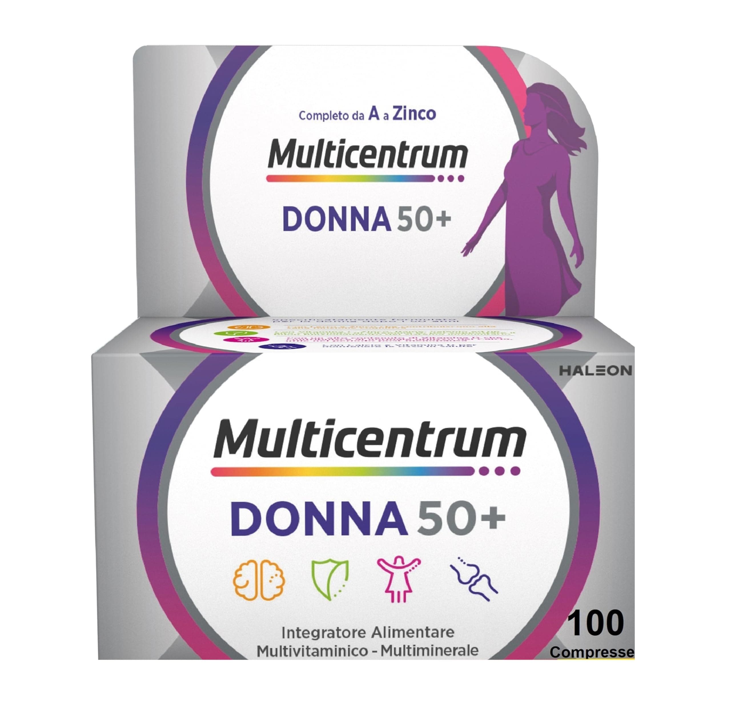 Multicentrum Donna 50+ Integratore Multivitaminico completo, con Magnesio, Vitamina A, D, B12, Calcio, per combattere stanchezza e affaticamento per Donne oltre 50 anni, 100 Compresse