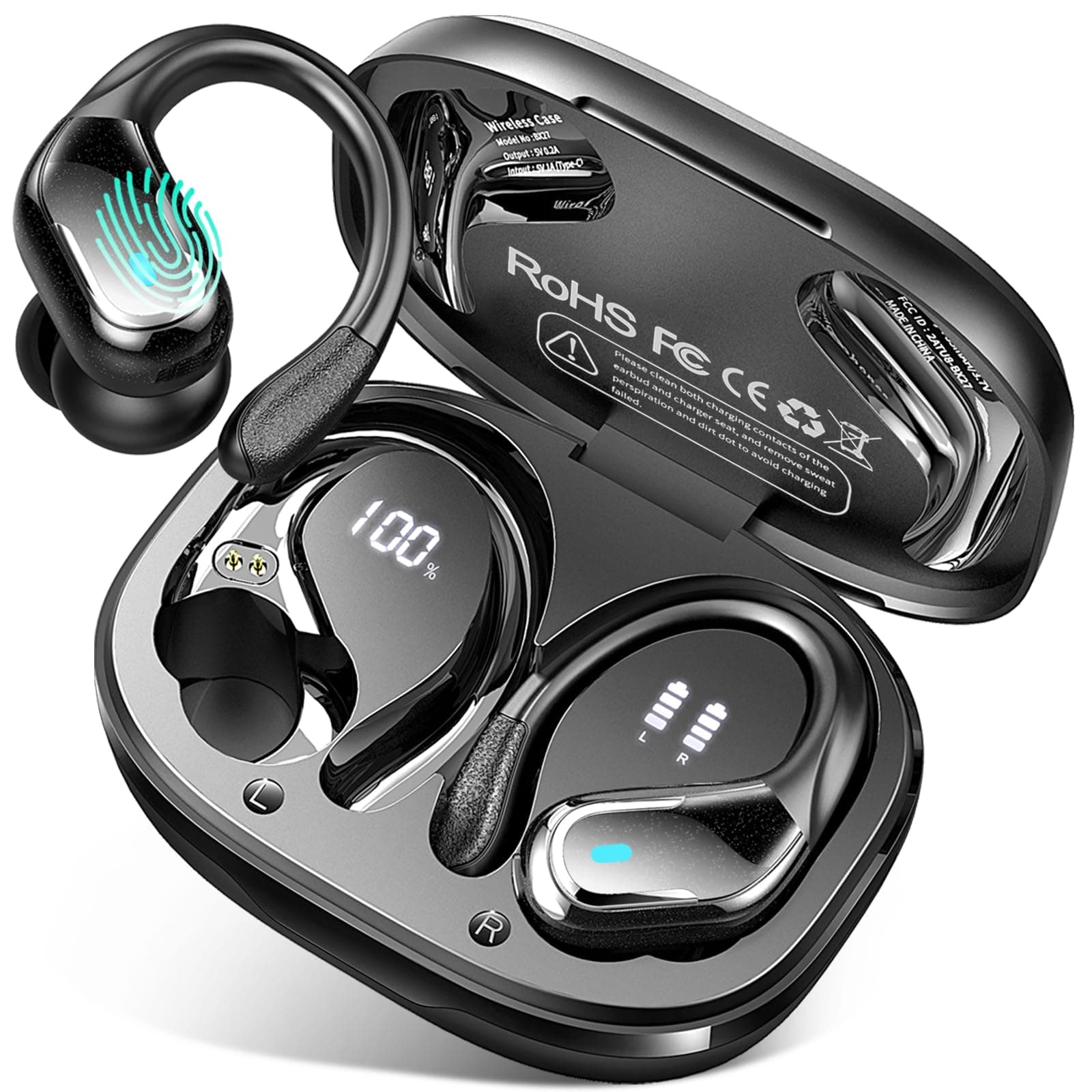 Ecouteurs Bluetooth Sans Fil Sport, 75Hrs Écouteurs Bluetooth 5.4 avec Stéréo HiFi 3D, 4 ENC Réduction de Bruit Mic Oreillette sans Fil USB-C Charge, Étanches IP7 Casque Running LED pour Android/iOS