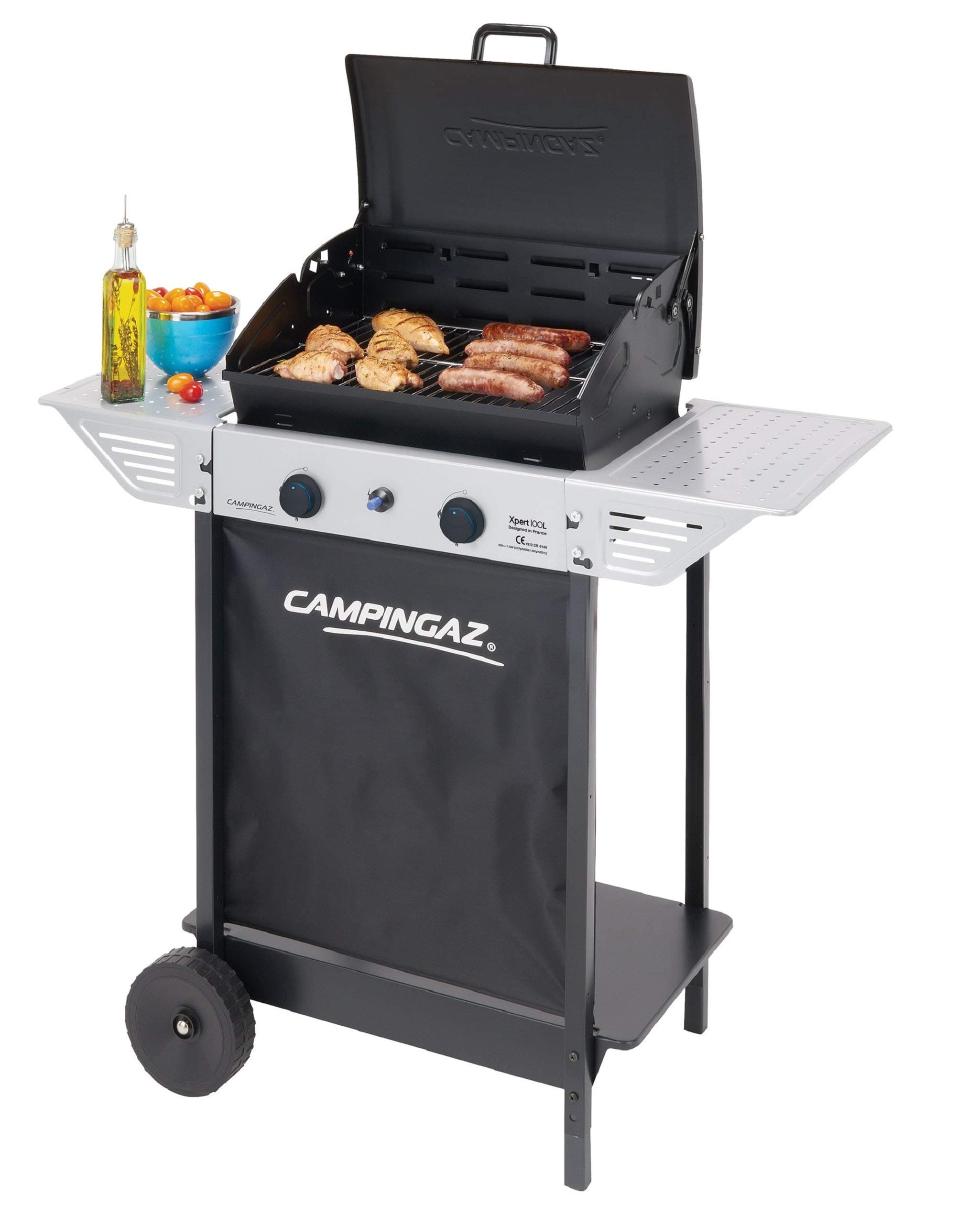 Campingaz Xpert - Barbecue a gas, 100 l, con due bruciatori compatti, potenza 7,1 kW, griglia a griglia, 2 comodini ausiliari e carrello in acciaio