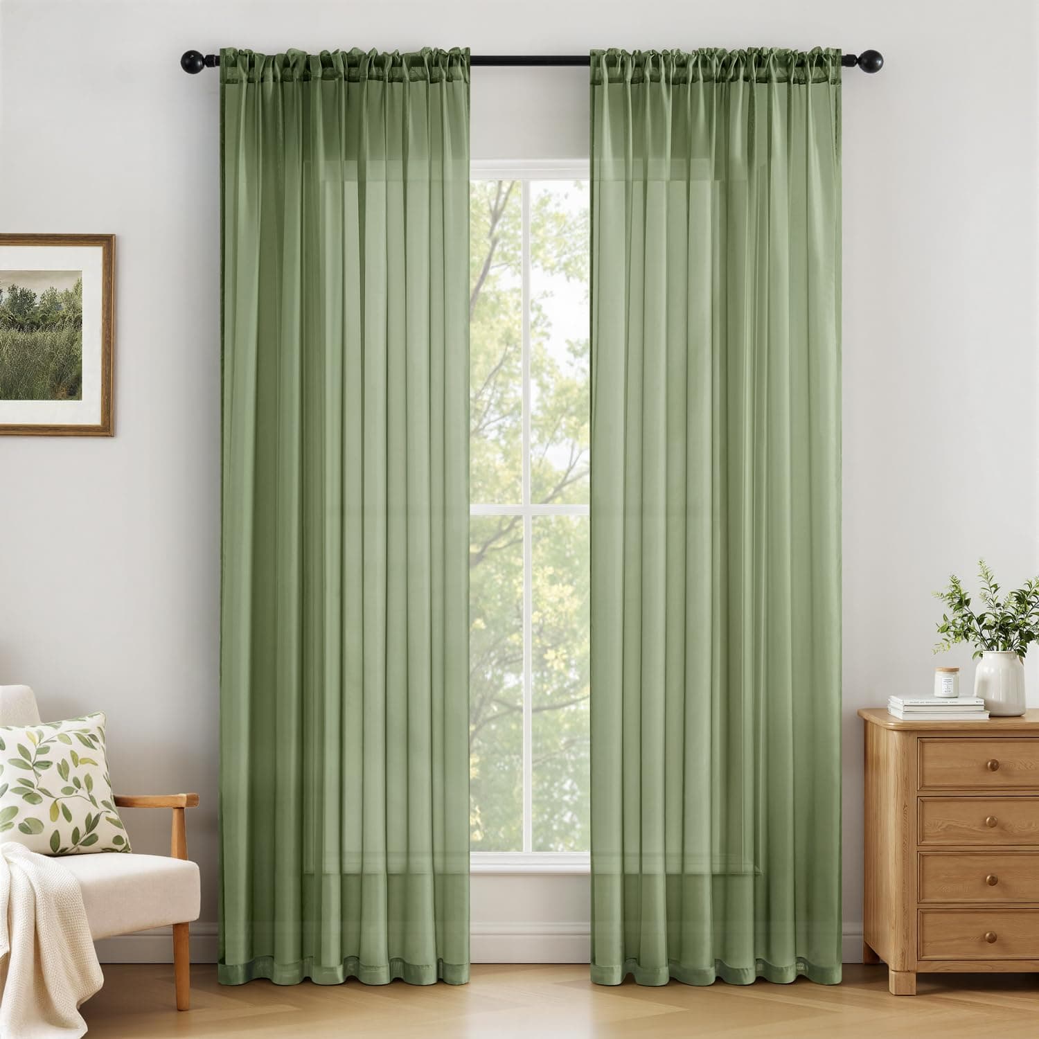 MIULEE Voile Vorhang Transparente Gardine aus Voile Einfarbig Stangendurchzug Transparent Wohnzimmer Luftig Dekoschal für Schlafzimmer 2er Set 225 x 140cm (H x B), Rod Pocket Grasgrün