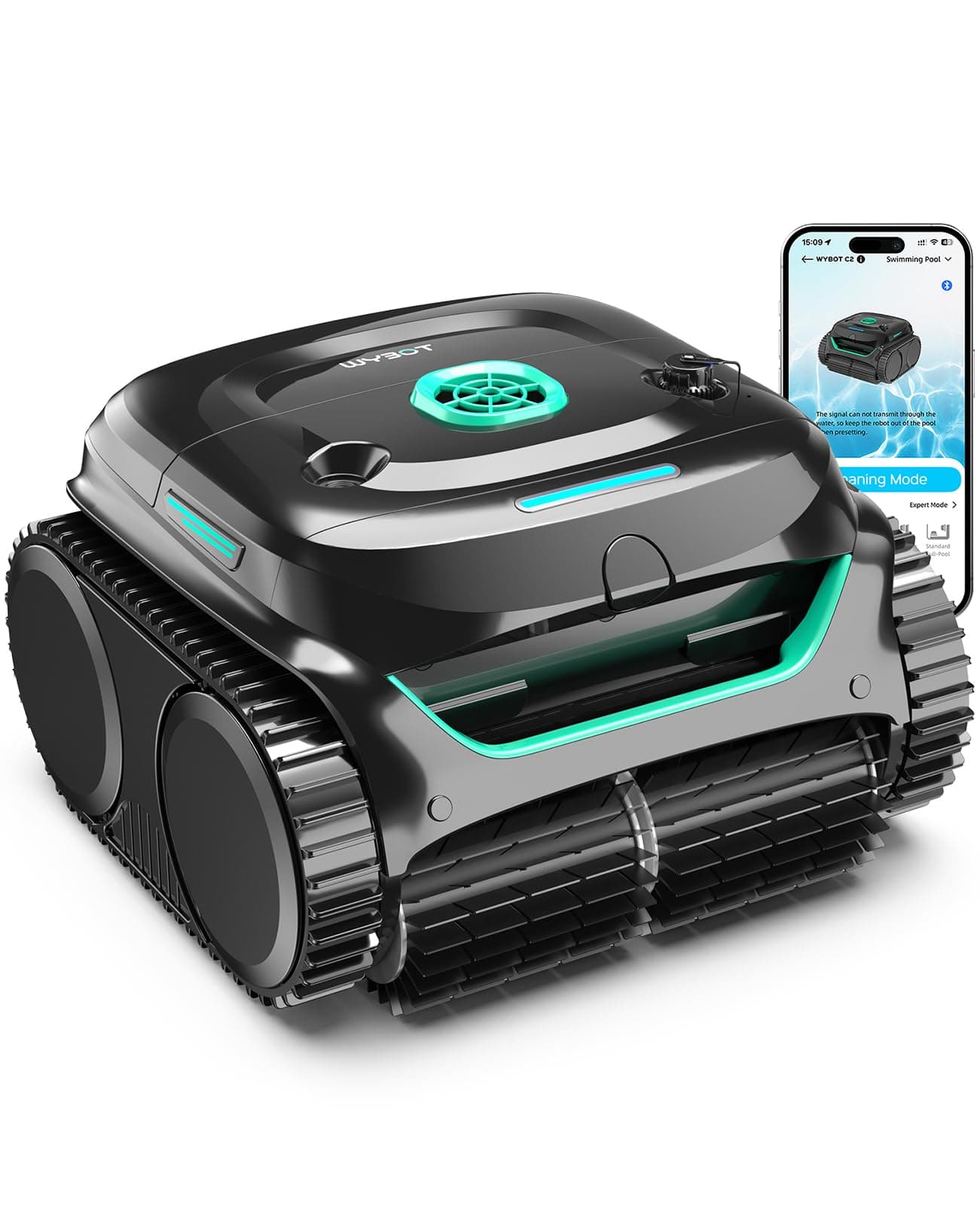 WYBOT C2 Robot Piscine sans Fil pour Piscines Enterrées 150㎡, Double Filtration, 3 Moteurs, Aspiration Puissante, Nettoyage Parois & Ligne d'eau, 180 Min, App(Noir-Vert Vert)