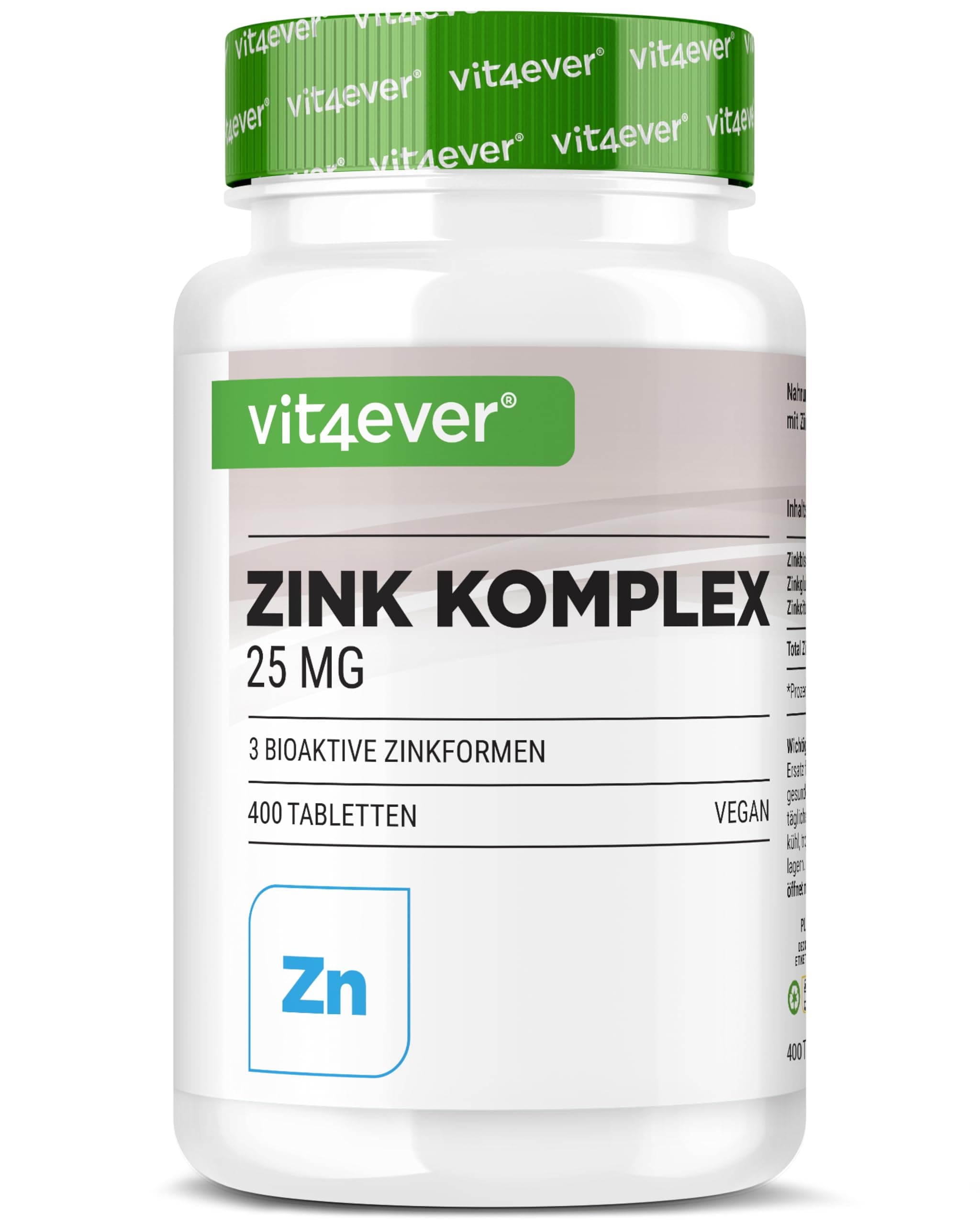 vit4ever Zink Komplex 25mg - 400 Tabletten - Mit 3 bioaktiven Zink-Formen (Zinkbisglycinat, Zinkgluconat, Zinkcitrat) - vegan, hochdosiert, ohne unnötige Zusätze