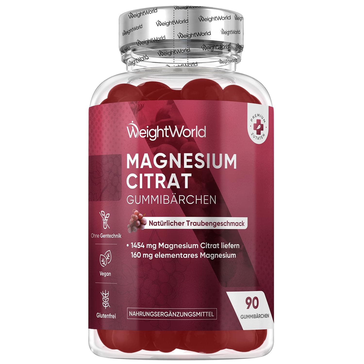 Magnesiumcitrat Gummies - 90 vegane Gummibärchen - 1454 mg Magnesium Citrate liefert 160 mg elementares Magnesium - Natürlicher Traubengeschmack - 45 Tage Vorrat - WeightWorld