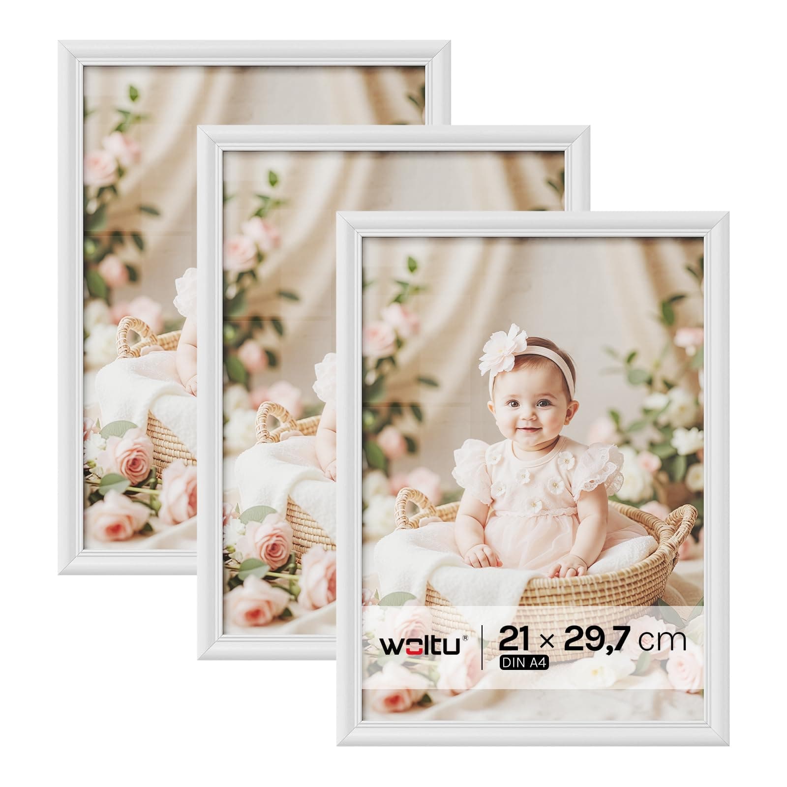 WOLTU Bilderrahmen A4 (21x29,7 cm) Weiß, 3er Set Fotorahmen aus Massivholz und PS-Platte, Holzrahmen mit Passepartout, zum vertikalen oder horizontalen Aufhängen/Aufstellen, Rahmen
