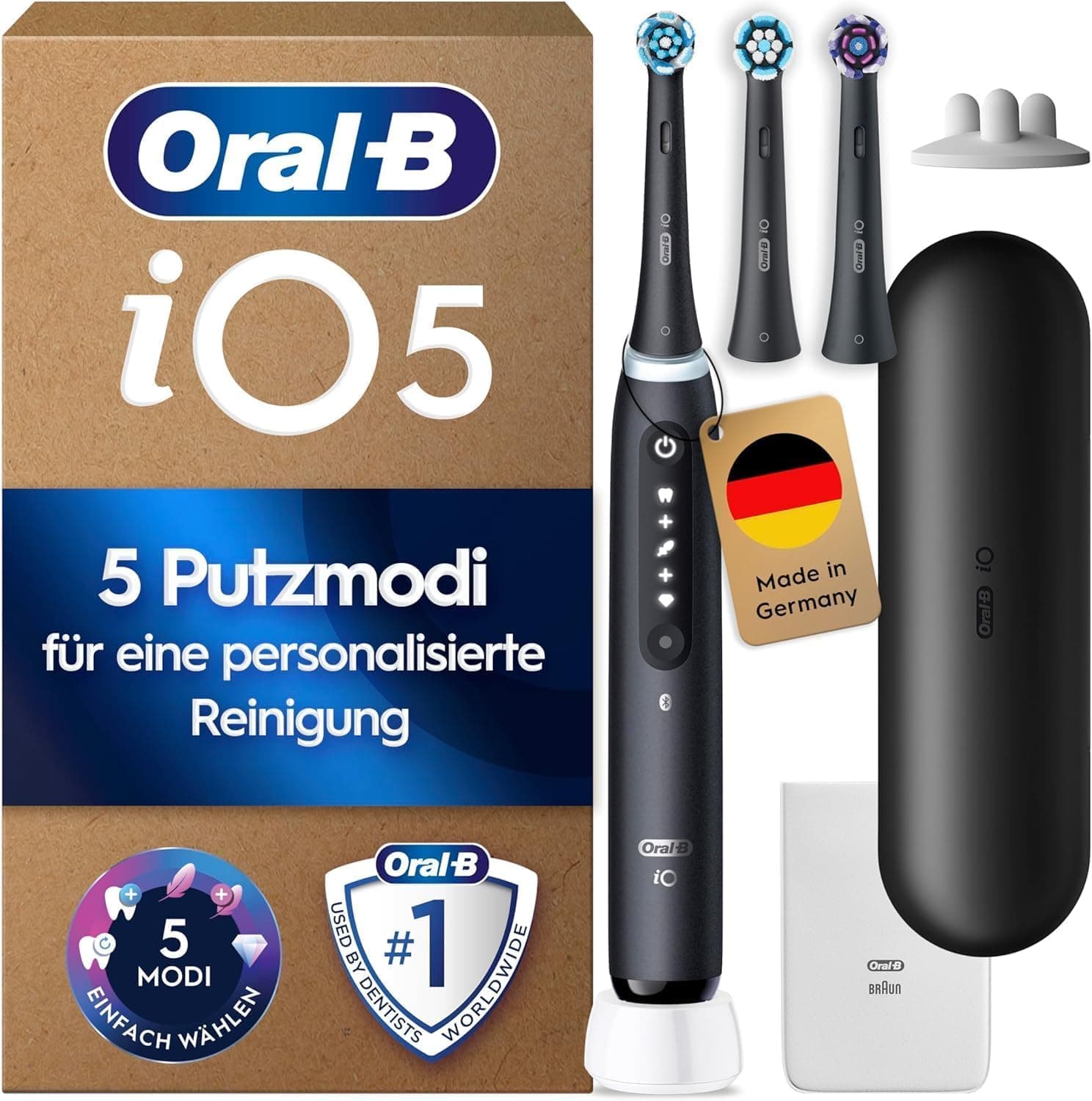 Oral-B iO Series 5 Plus Edition Elektrische Zahnbürste — Electric Toothbrush, Inkl. 3 Aufsteckbürsten, 5 Putzmodi für Zahnpflege, Reise-Etui — Zahnbürste Elektrisch, Designed by Braun, Schwarz