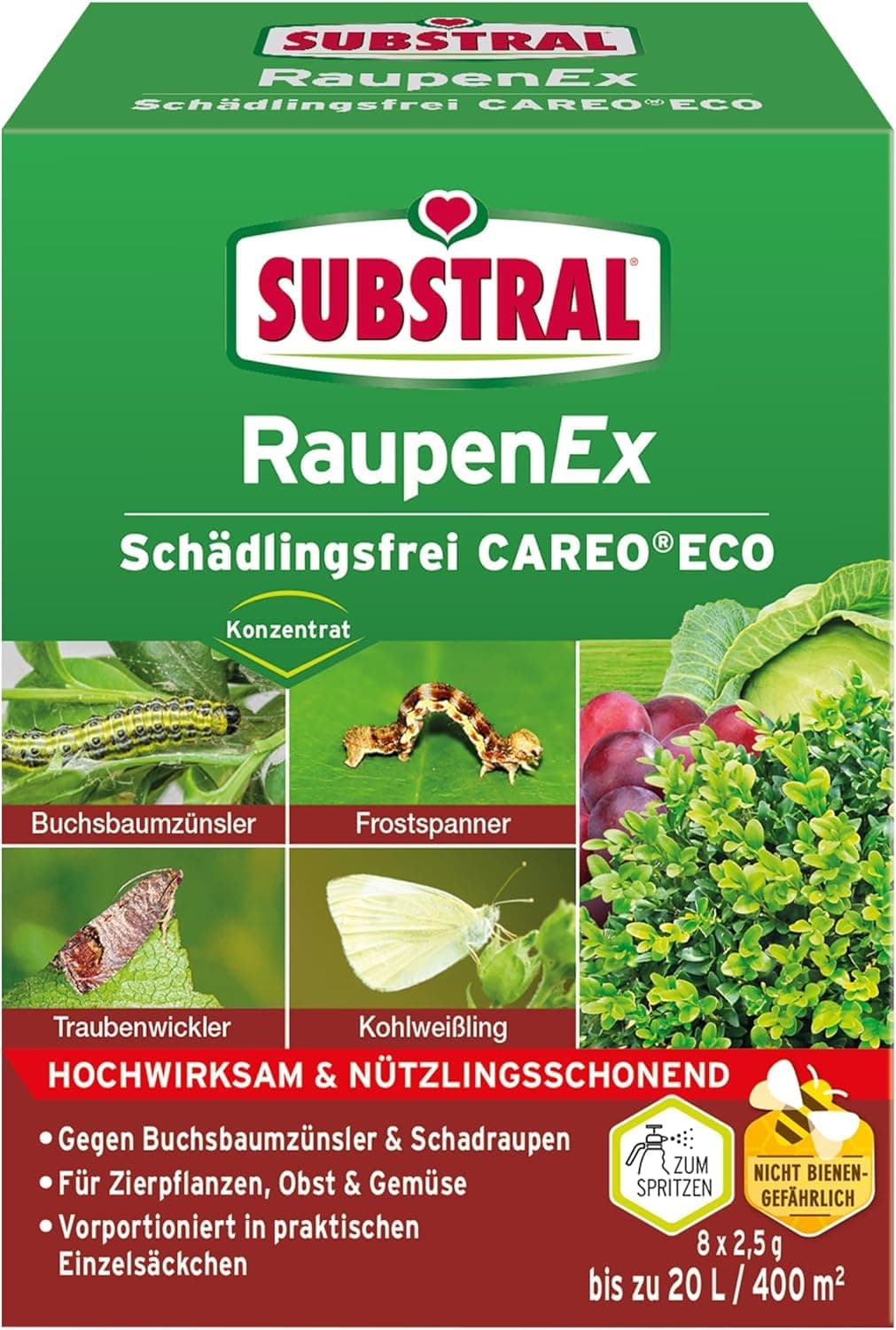 Substral RaupenEX Schädlingsfrei CAREO ECO - Biologisches Insektizid, 8x2,5 g - gegen Buchsbaumzünsler und Schmetterlingsraupen