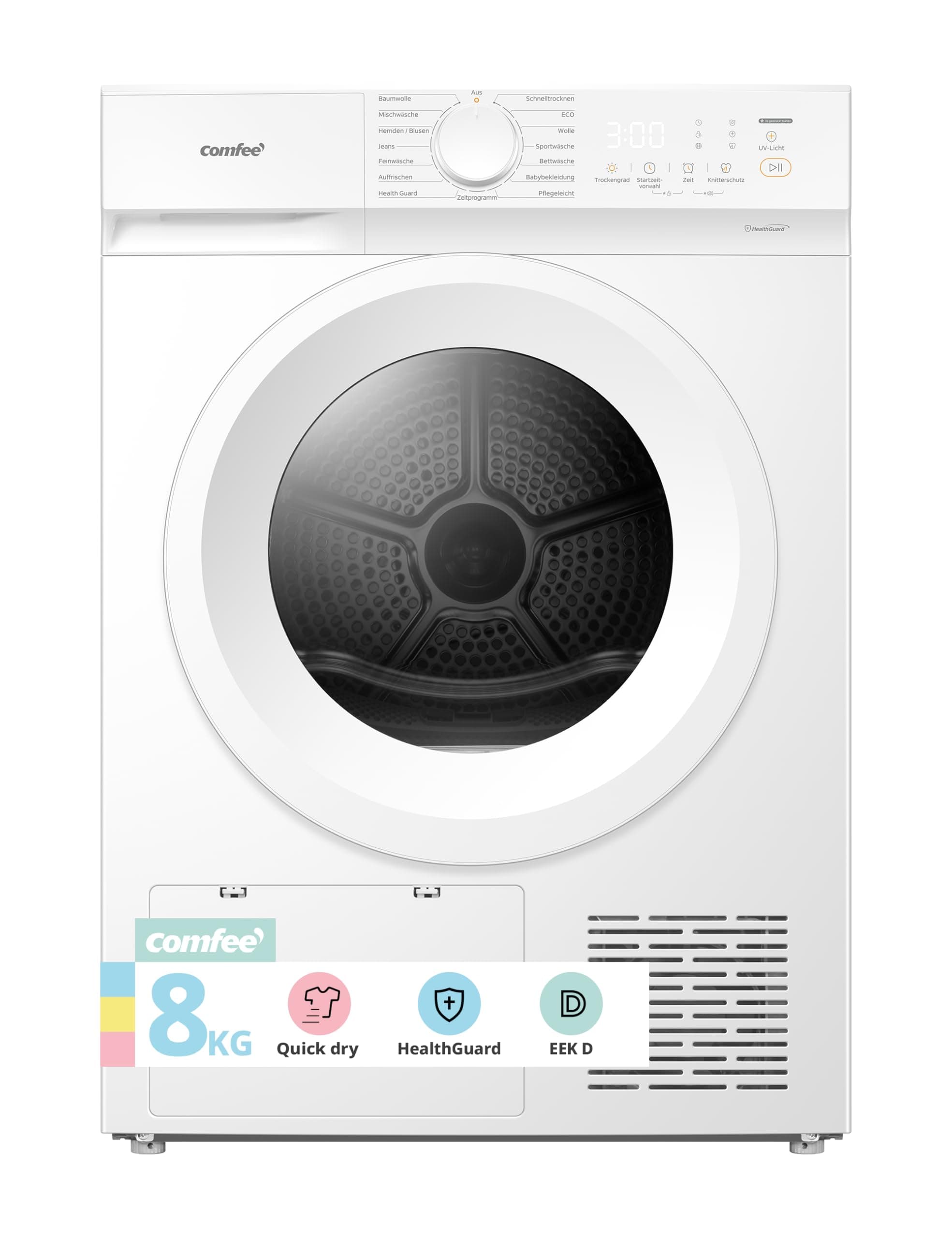 Comfee Wärmepumpentrockner, 8kg, Energieklasse D mit Wärmepumpentechnologie, UV-Licht für hygienische Reinheit, Auffrischen, LED-Display,Schnelltrocknen,CD08EHP05W,Weiß [Energieklasse D]