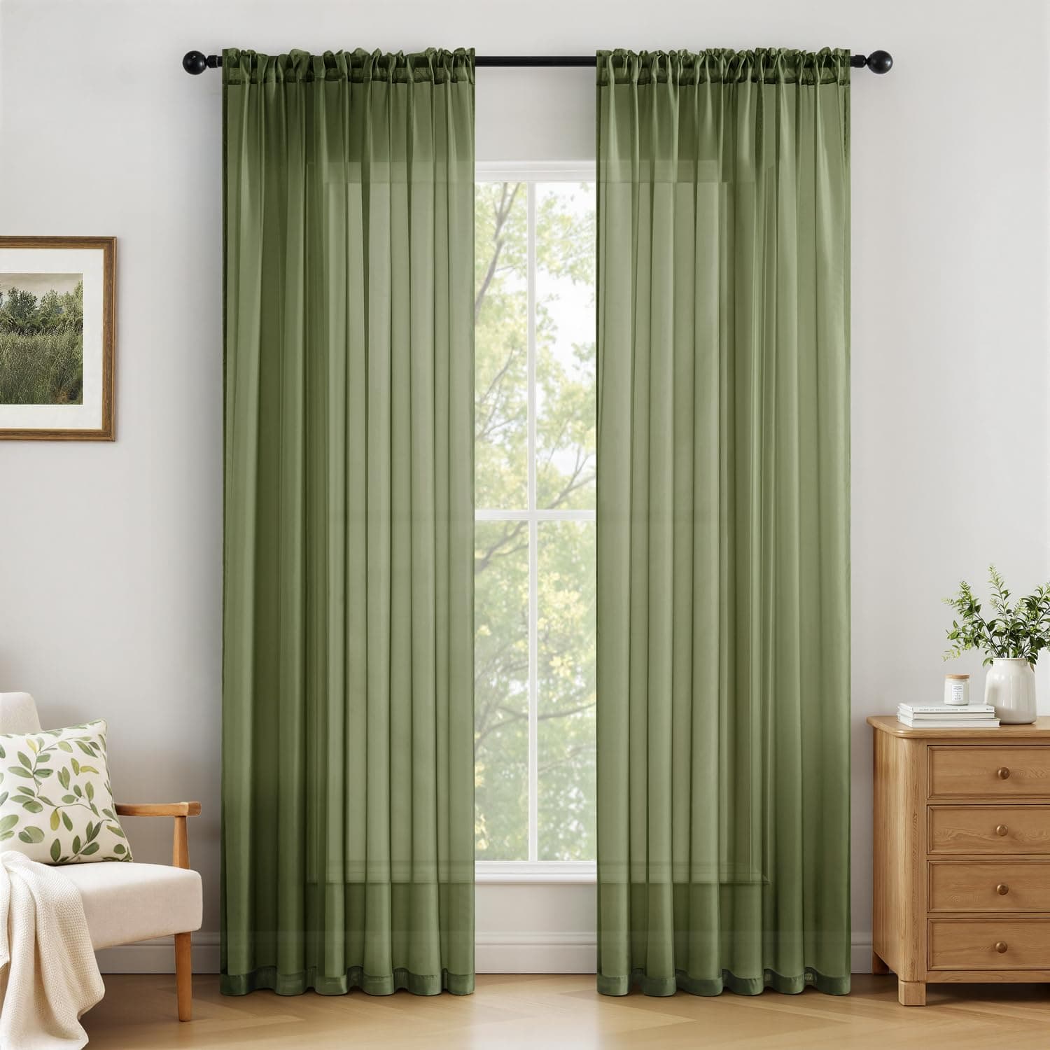 MIULEE Voile Vorhang Transparente Gardine aus Voile Einfarbig Stangendurchzug Transparent Wohnzimmer Luftig Dekoschal für Schlafzimmer 2er Set 260 x 140cm (H x B), Rod Pocket Matcha-Grün