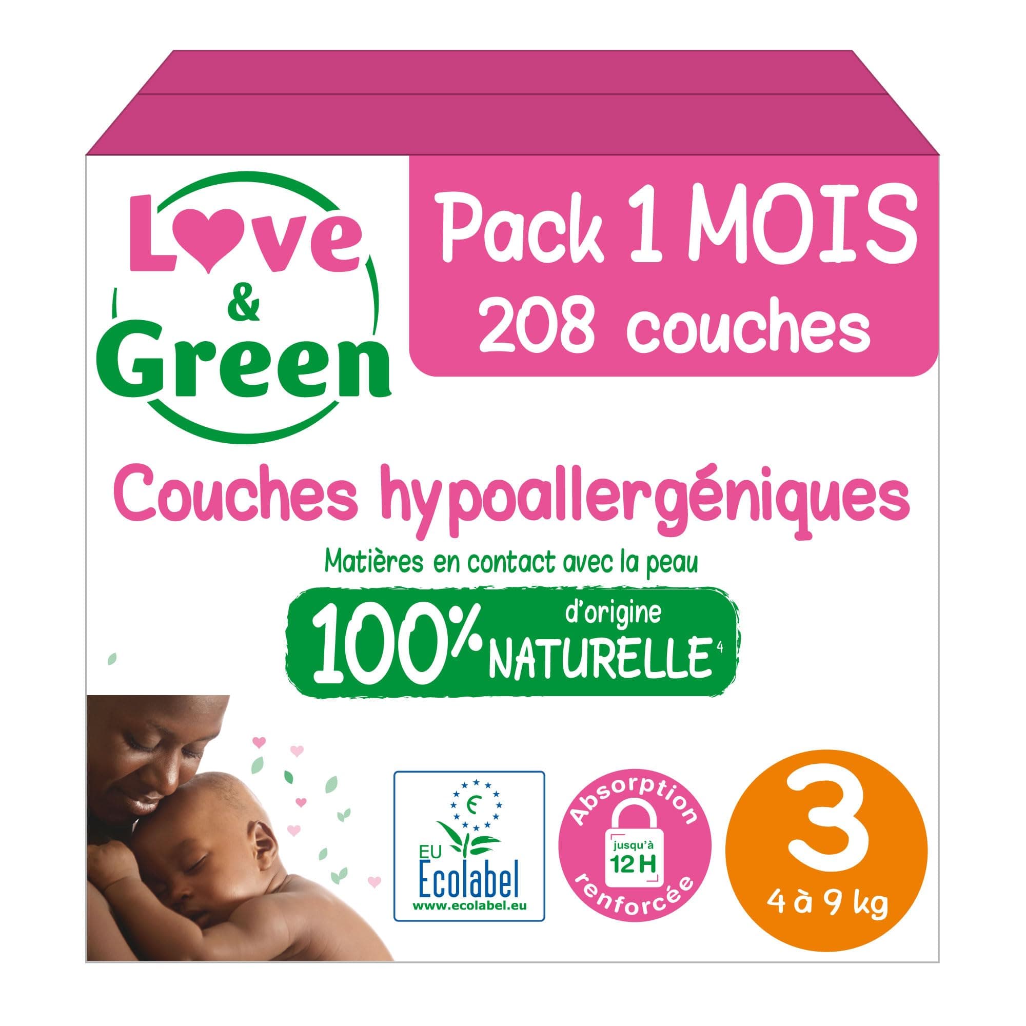 Love & Green - Couches Bébé Saines et Ecologiques - Taille 3 (4-9 Kg) - Pack 1 Mois (208 Couches) - Absorbante, anti-fuites et sans ingrédients indésirables - Certifiées Dermatestn