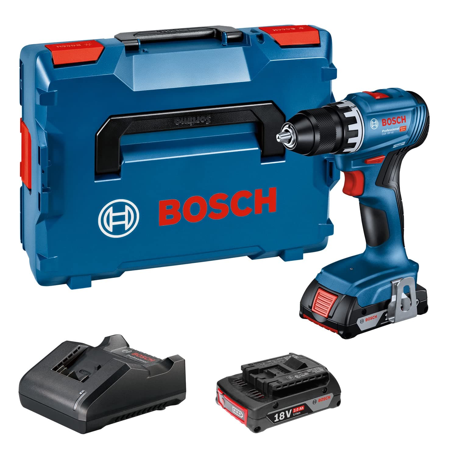 Bosch Professional 18V System perceuse-visseuse sans-fil GSR 18V-45 (régime à vide 1 900 tr/min, avec 2 batteries 2,0 Ah, chargeur GAL 18V-20, L-BOXX)