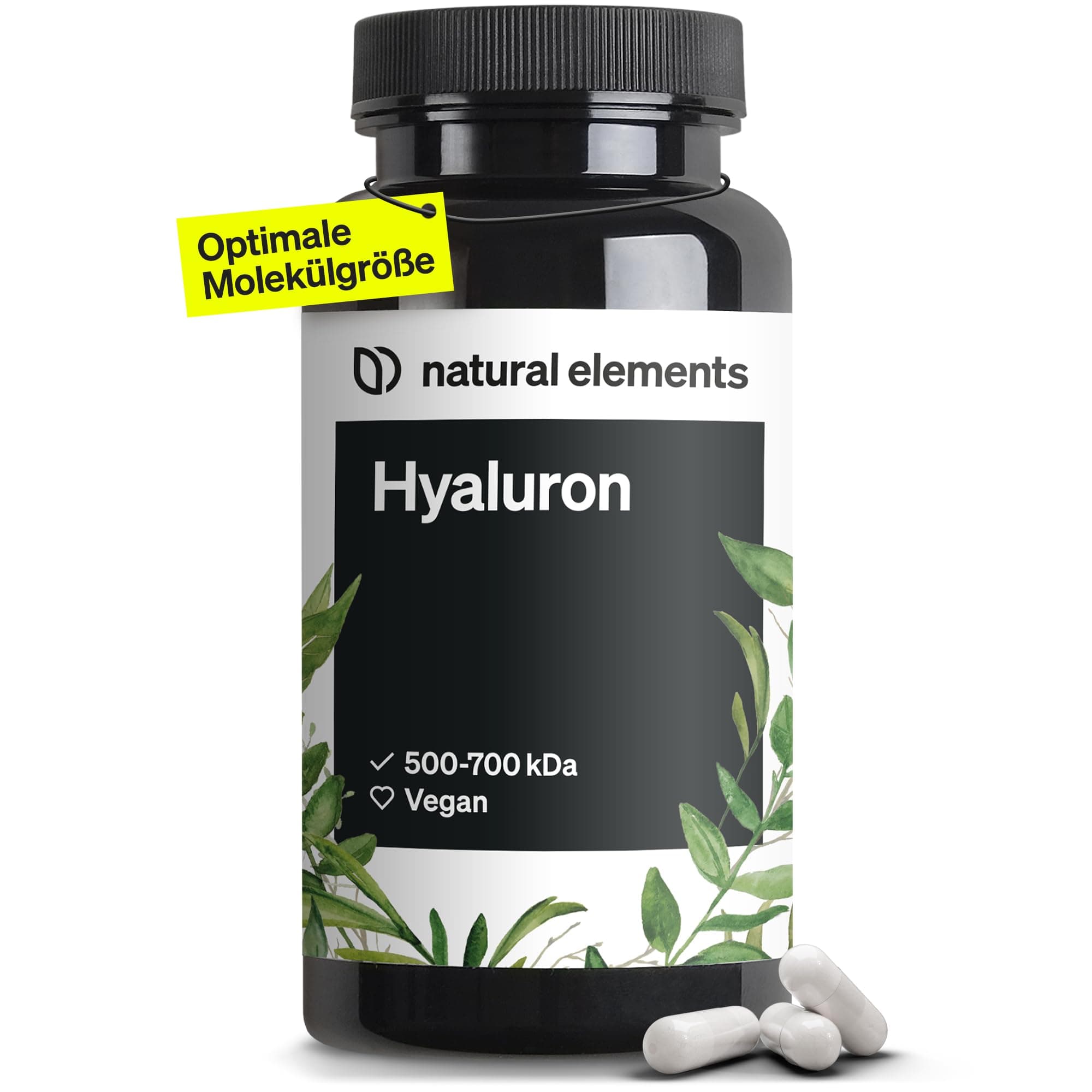 natural elements Vegane Hyaluronsäure – 500 mg Hyaluron/Kapsel – 90 Kapseln für 3 Monate – 500–700 kDa – hochdosiert, ohne Zusätze – in Deutschland produziert & laborgeprüft