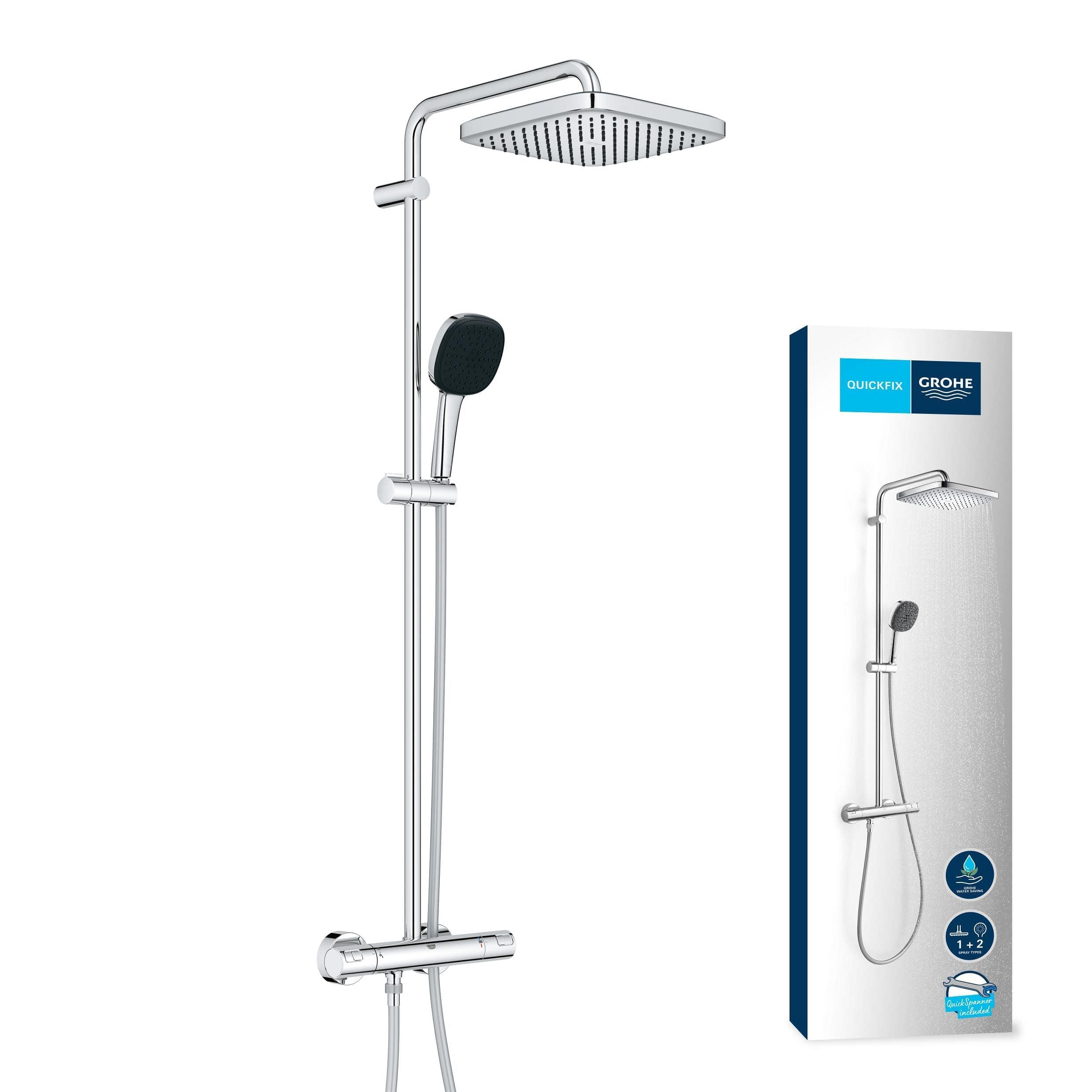 GROHE Vitalio Comfort 250 Colonne de Douche avec Mitigeur Thermostatique (Douche de Tête Cube 25cm 1 jet (Pluie), Pommeau de Douche 11cm 2 jets, Flexible 1.75m, Economie d'Eau, Chromé, 26696001