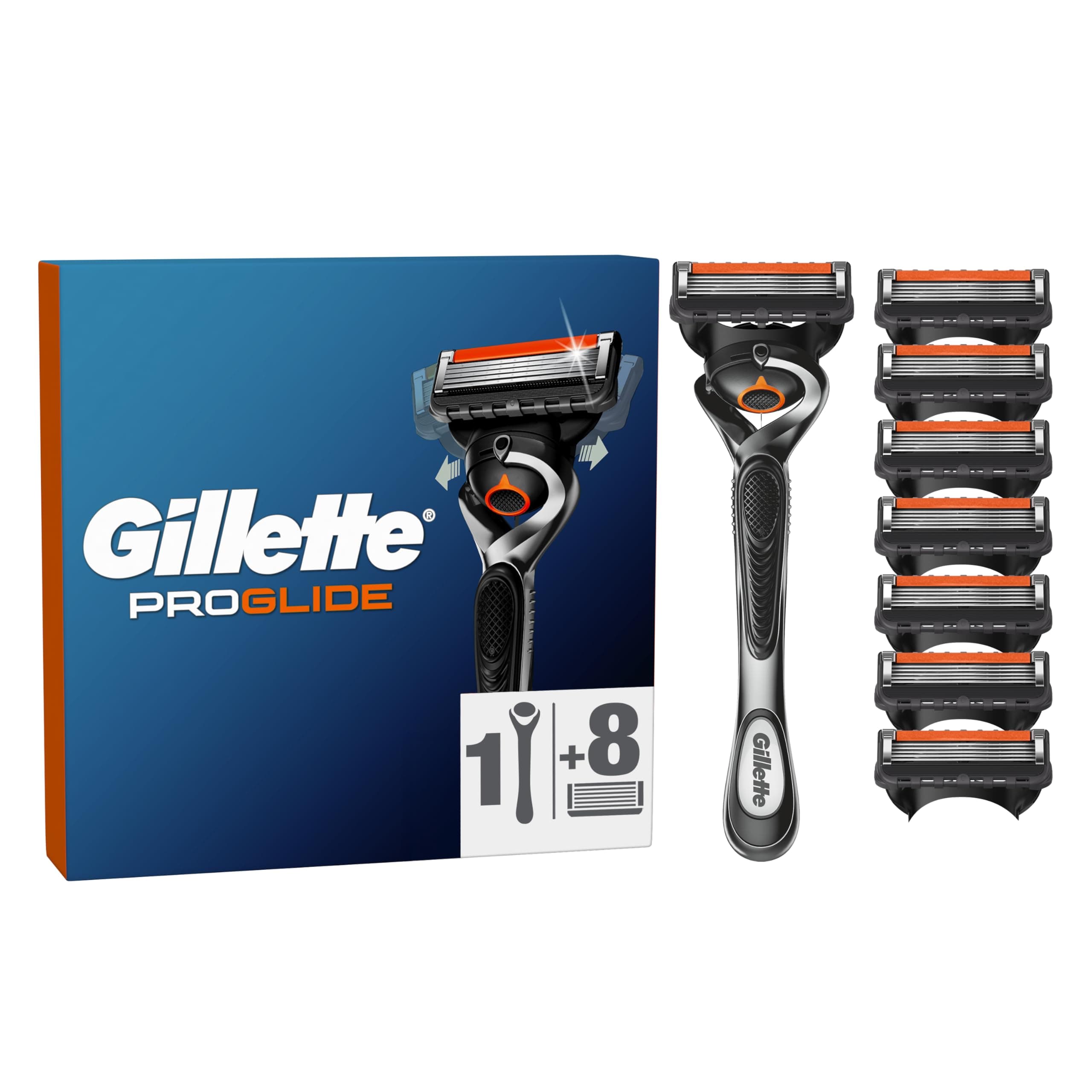 Gillette Proglide 1 Rasoio Barba Uomo E 8 Lamette Di Ricambio Con Doppia Lubrificazione Prima E Dopo Le Lame, Nuova Lubrificazione EverGlide Per Una Profondità E Comfort Incredibili, Lama Barba Uomo