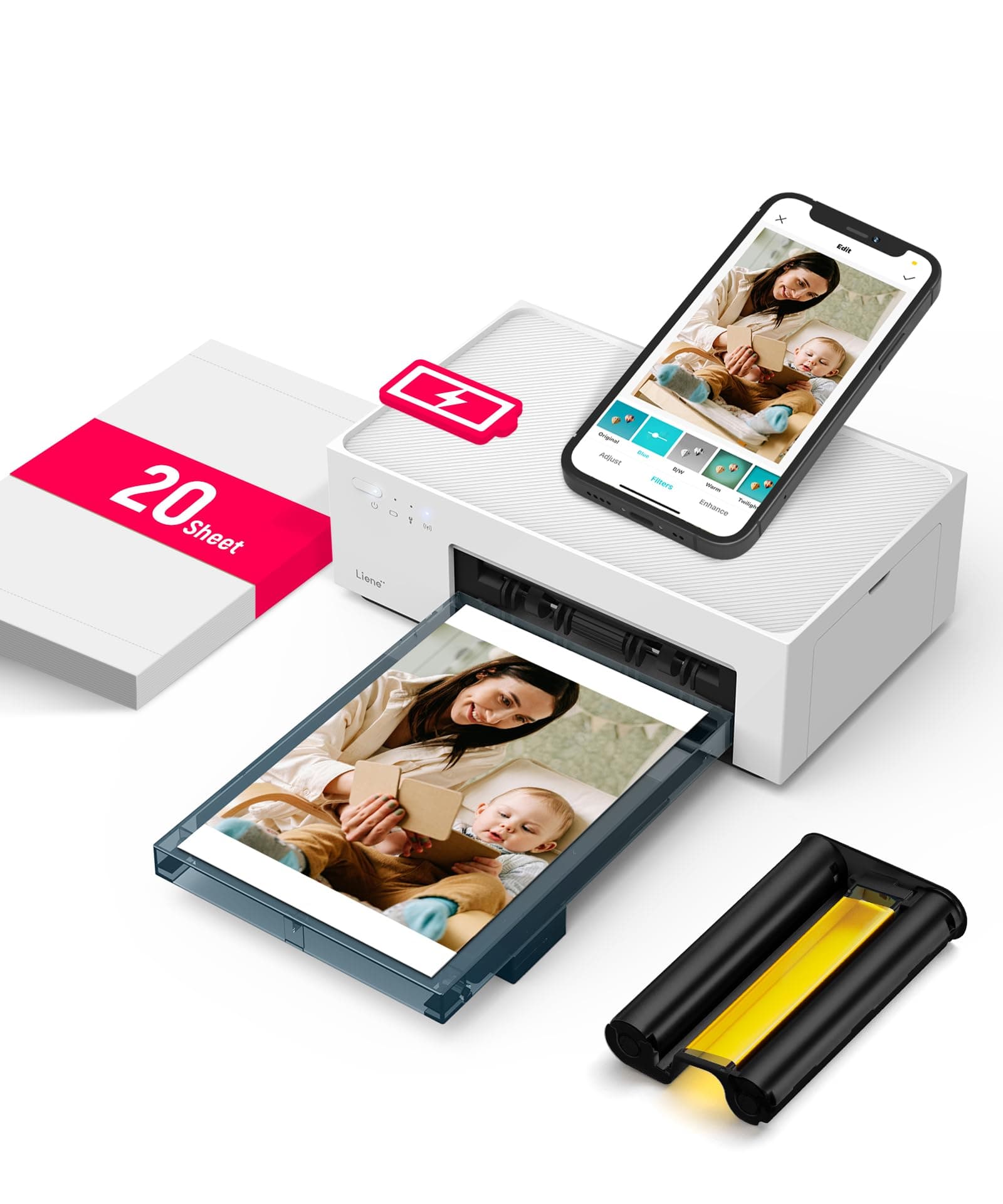Liene Amber M200 Impresora Fotos Móvil con Batería Recargable WiFi Impresora Fotográfica Portátil con 20 Papeles 10x15cm, Sublimación Térmica 300DPI para iOS/Android/PC