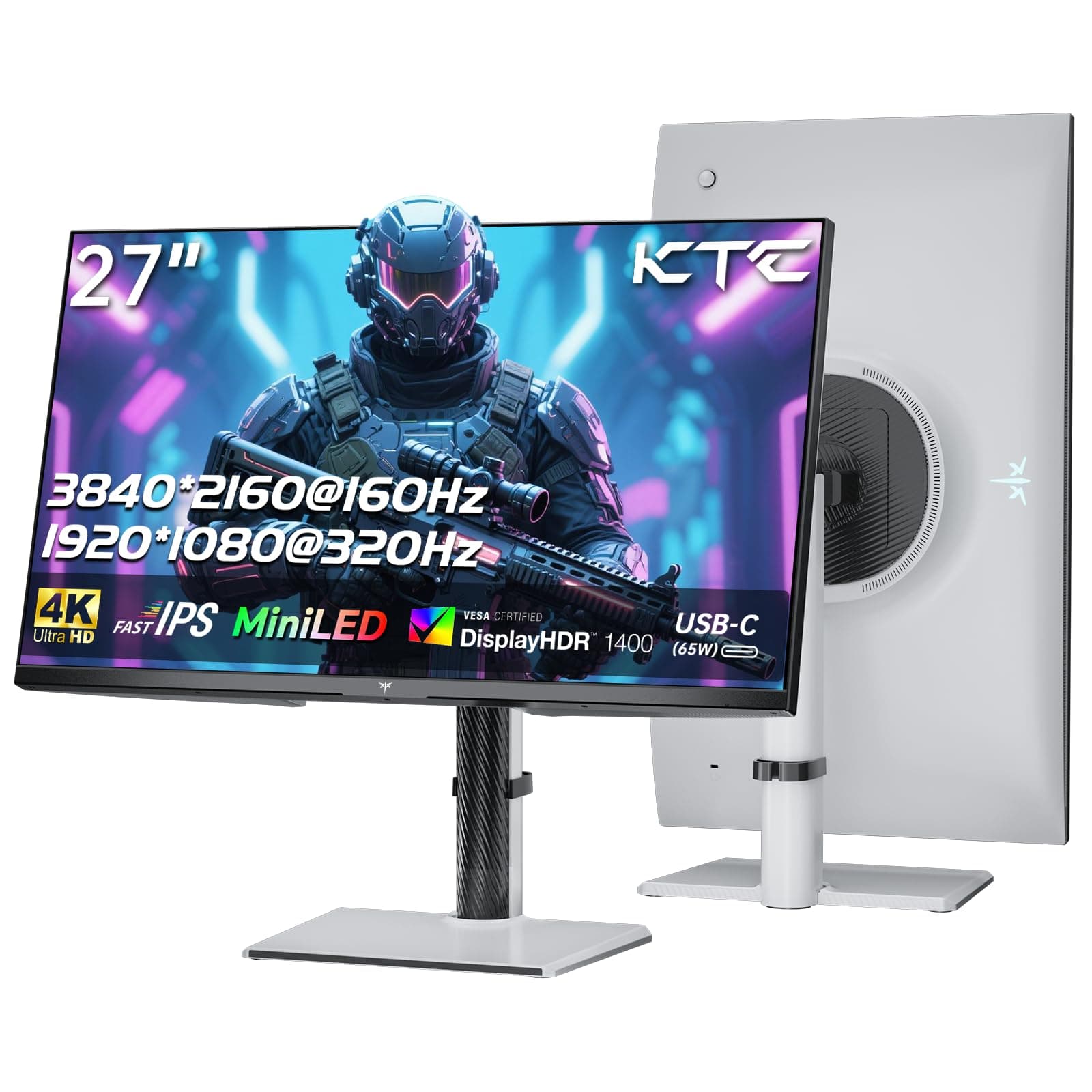 KTC Écran PC Gamer MiniLED 27 Pouces M27P6, 4K 160Hz / 1080P 320Hz Commutation Transparente, 1152 Zones de Gradation Locale, HDR1400, 1ms GtG, Adaptive Sync, 145% sRGB, KVM, Blanc