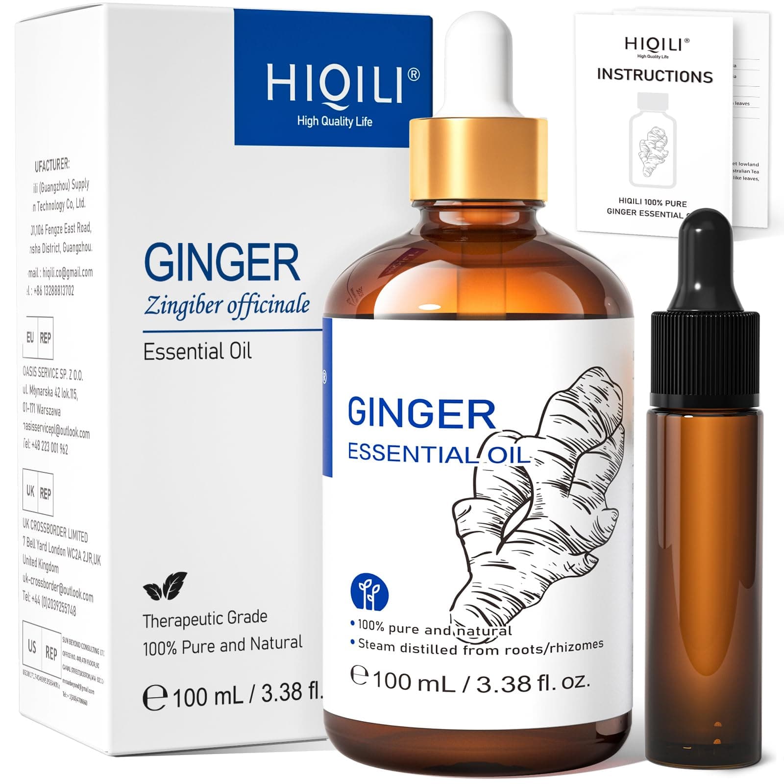 HIQILI Olio Essenziale di Zenzero Puro, Olio di Zenzero Puro Naturale Premium per Massaggio, Diffusore, Bottiglia Grande con Contagocce e Confezione Regalo -100ml