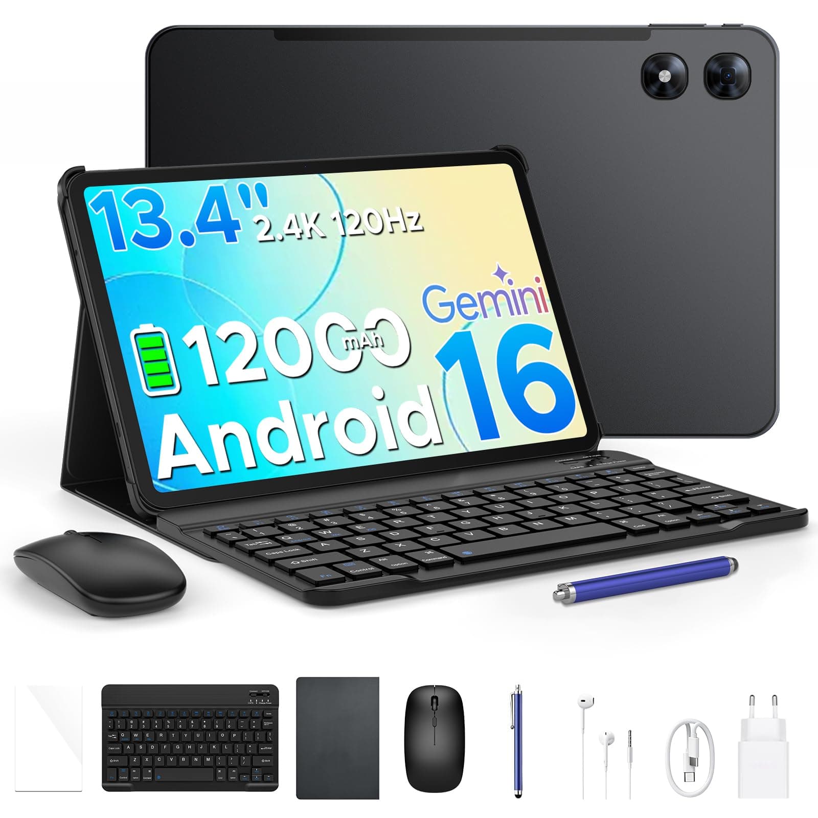 POPUX P13 Pro Tablet 13 Pollici, IPS 2.4K, 120Hz,T7280 Octa-Core, 48GB+256GB(TF 2TB), 12000mAh/18W, 16MP+8MP, 4G LTE, Gemini AI Tablet android 16, Face ID/WiFi5/GPS/FM/Tablet con Tastiera e Penna