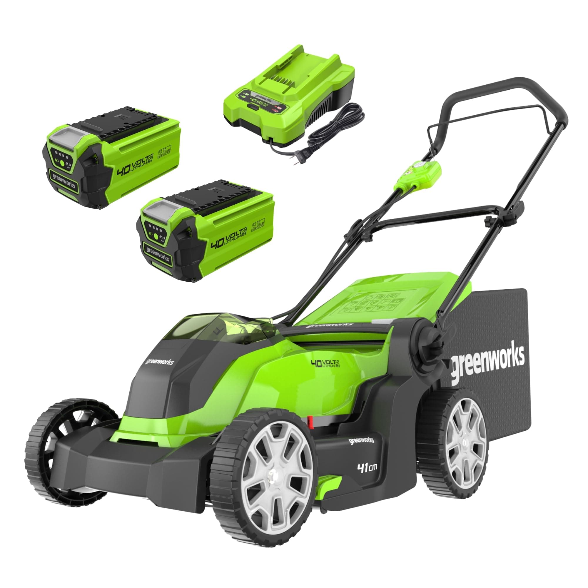 Greenworks G40LM41K2X Tondeuse à Gazon sans Fil pour Pelouses Jusqu'à 500m², Largeur de Coupe 41 cm, Sac de 50L, INCLUS Deux Batteries 40V 2Ah et Un Chargeur, Garantie 3 Ans