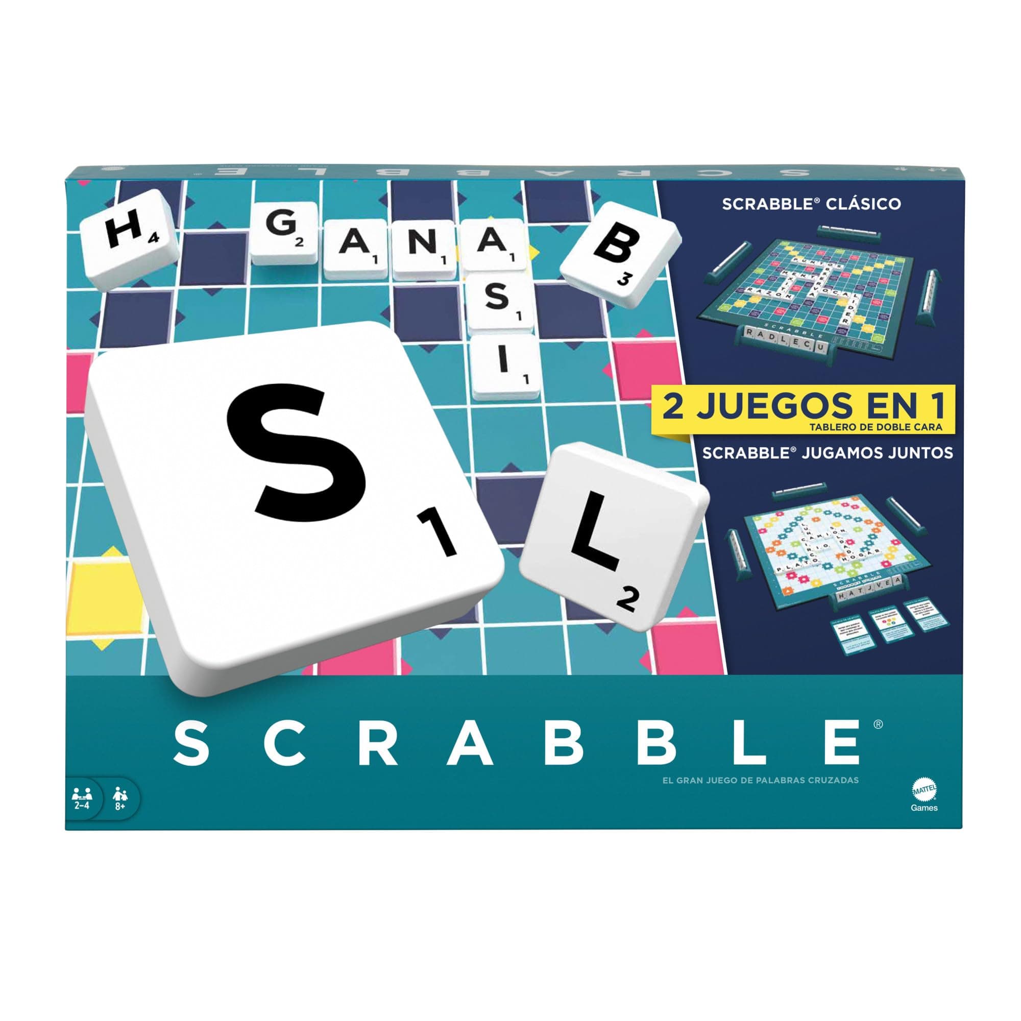 Mattel Games Scrabble 2 Juegos en 1 , juego de mesa familiar, palabras cruzadas, incluye tablero con 2 caras, 50 tarjetas con objetivos , 2-4 jugadores , +10 años, versión español (HXV99)
