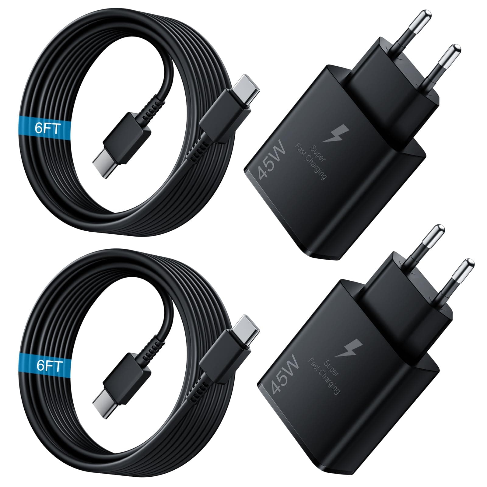 45W Chargeur USB C Rapide 2Pack avec Type C Câbles de 1.8M pour Samsung Galaxy S25,S24+,S24 Ultra,S23 + Ultra, Note20,A54,A53,Z Fold5,Fold4,Switch,Tab,USB C Prise Adaptateur Secteur