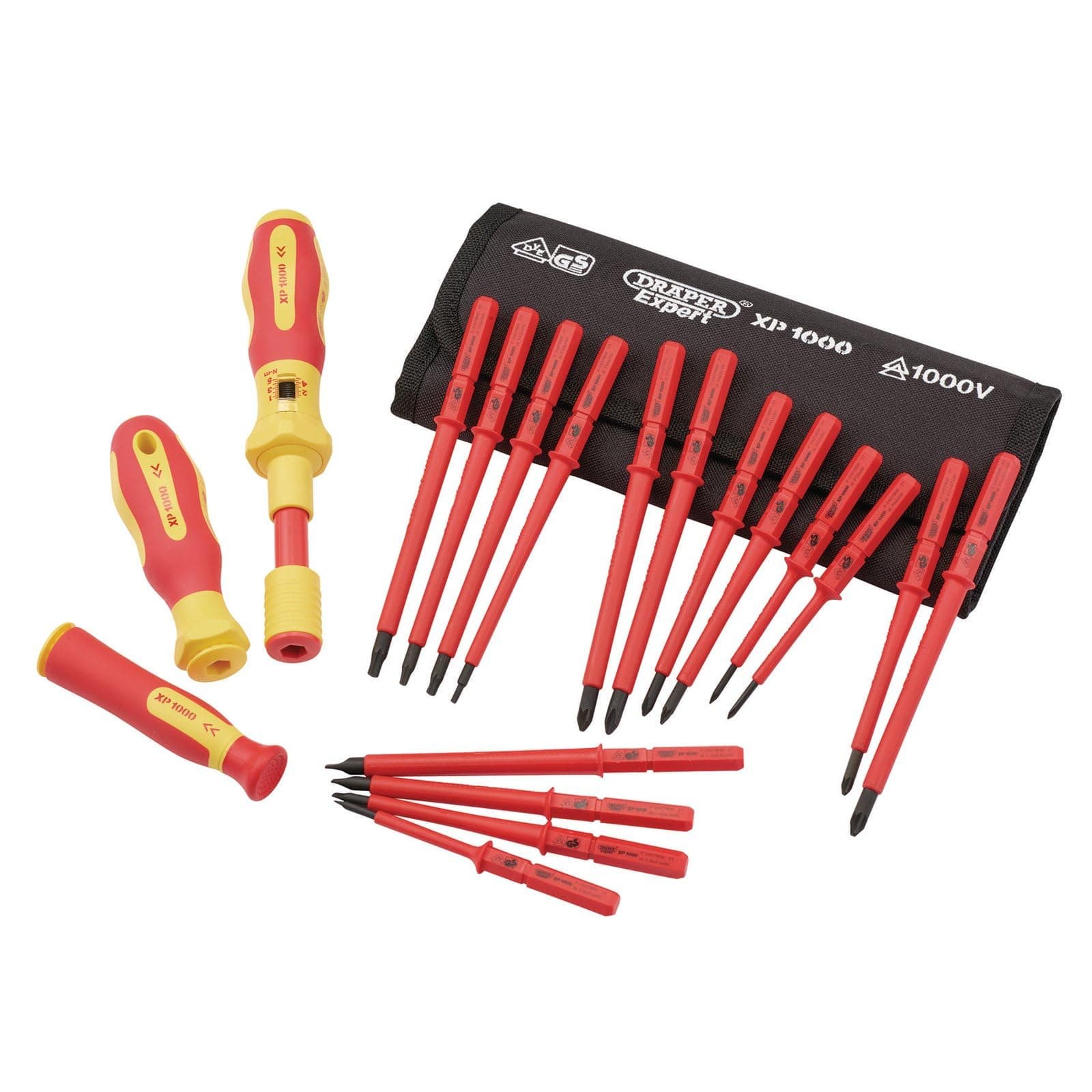 Draper XP1000 - Juego de destornilladores dinamométricos de 19 piezas, hoja intercambiable con doble aislamiento VDE - 81762 - Juego de destornilladores de herramientas eléctricas