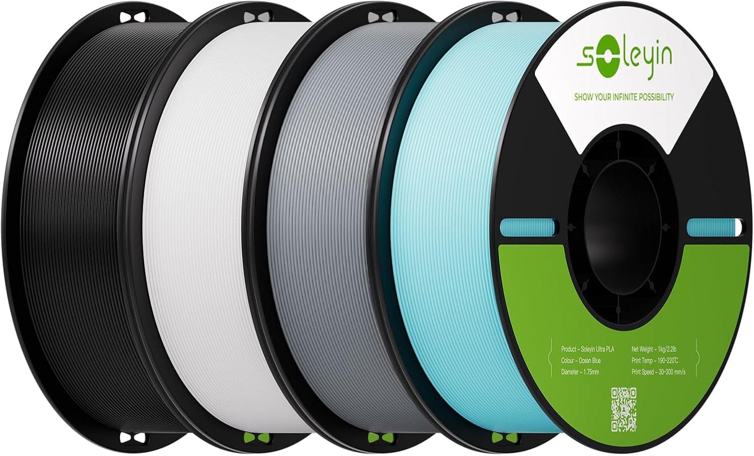 SOLEYIN Filamento ultra PLA 1,75 mm, filamento per stampante 3D 30-300 mm/s, per la maggior parte delle stampanti 3D Creality Ender-3 K1 K1C K2 Hi (nero, bianco, grigio, blu, 4 kg)