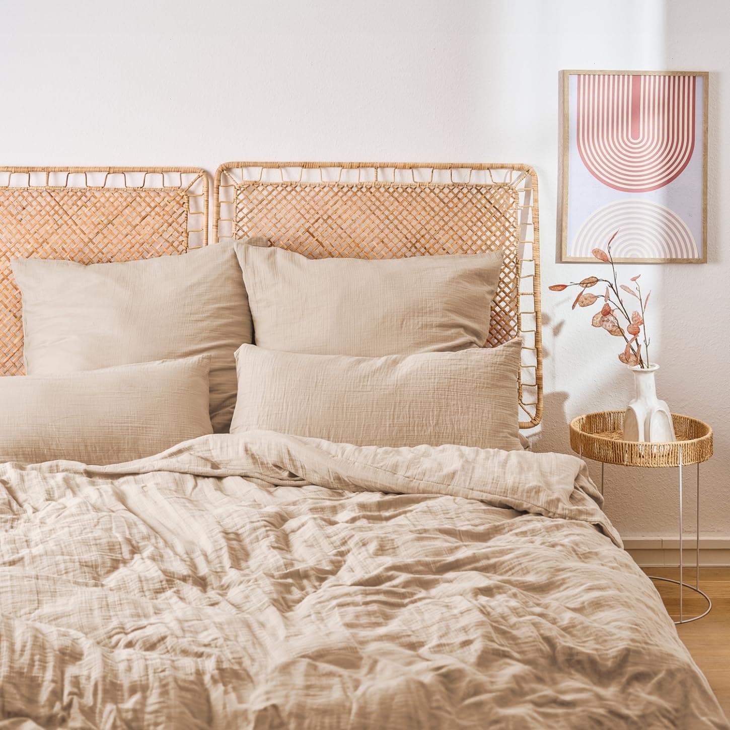 Blumtal Musselin Bettwäsche 155x220 cm + 40x80 cm - Oeko-TEX zert. Bettwäsche Musselin aus 100% Baumwolle - extra weiches Bettwäsche-Set waschbar bei 40 °C - Sommerbettwäsche Taupe