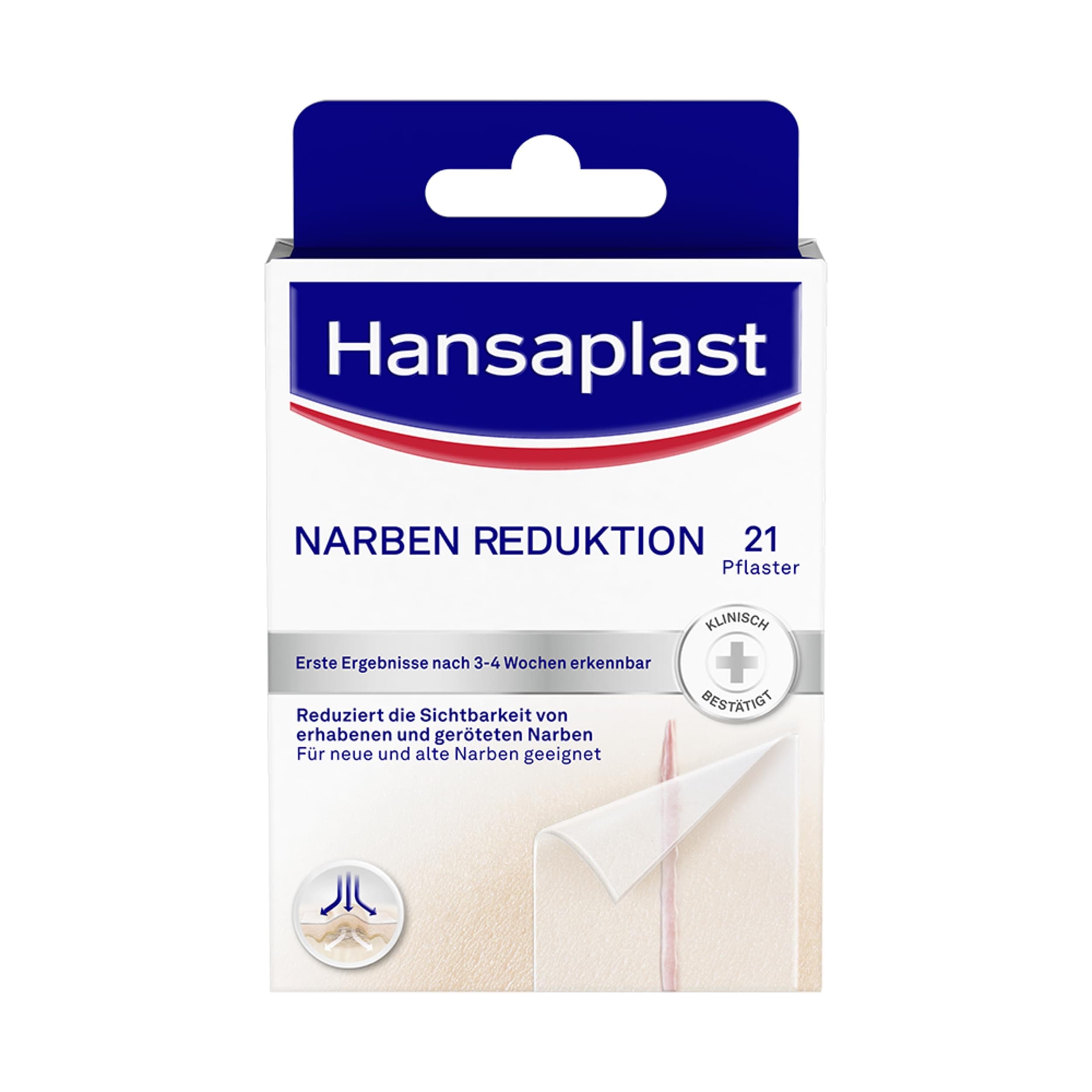 Hansaplast Narben Reduktion (21 Stück je 3,8 cm x 6,8 cm), Narbenpflaster zur Reduktion der Sichtbarkeit von Narben, macht Narben dauerhaft flacher, heller und weicher