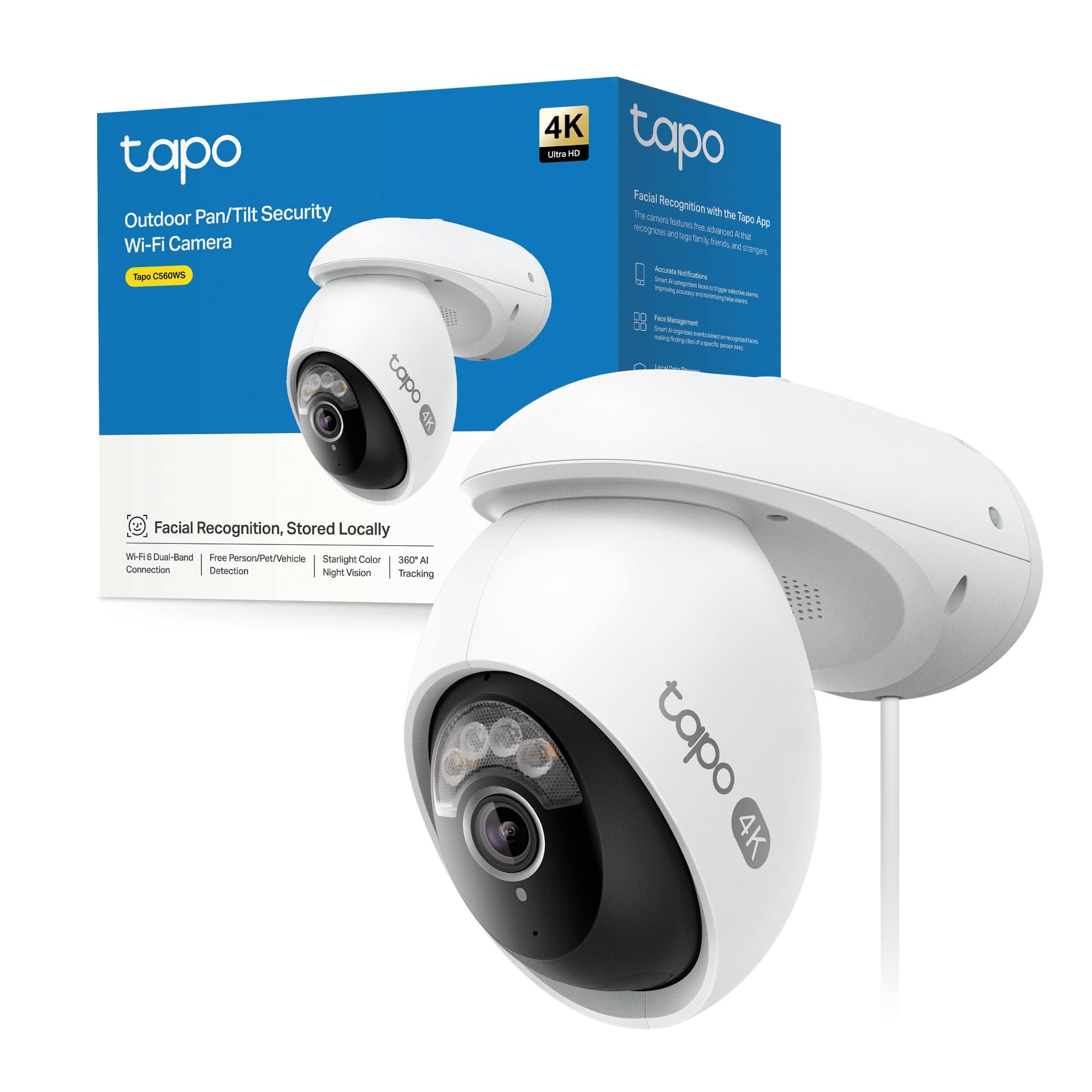 Tapo C560WS 4K 8MP Telecamera Wi-Fi Esterno Pan/Tilt, Smart AI, 360° Visuale, Visione Notturna a Colori Starlight, IP66, Allarme Sonoro e Luminoso, Wi-Fi 6 e Ethernet, Supporta MicroSD fino a 512 GB