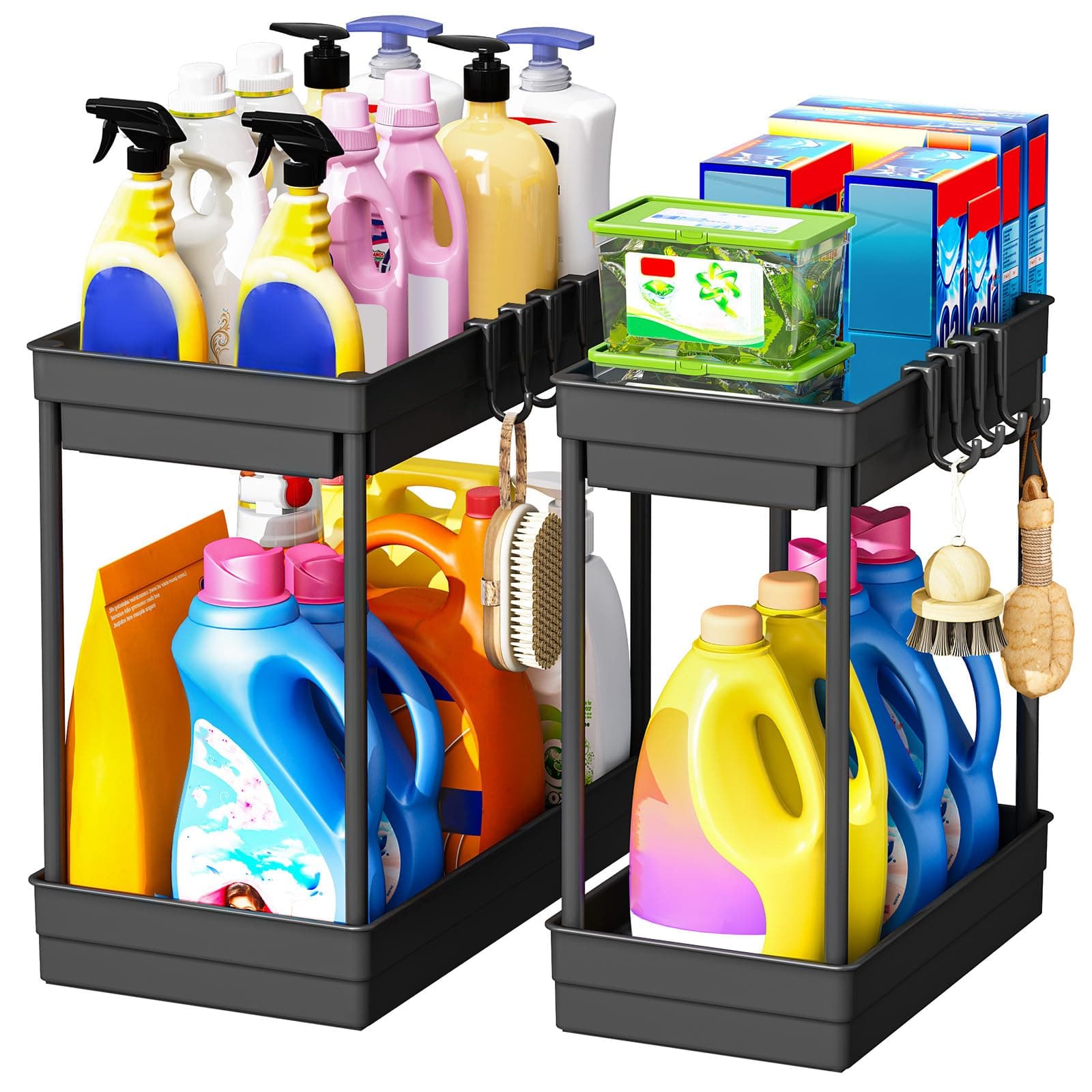 ARSTPEOE 2 Pezzi Organizer Sottolavello Cucina - Scaffale Cucina a 2 Livelli, Mobile Sottolavello Cucina con 8 Ganci, Organizer Bagno Portaoggetti, Nero