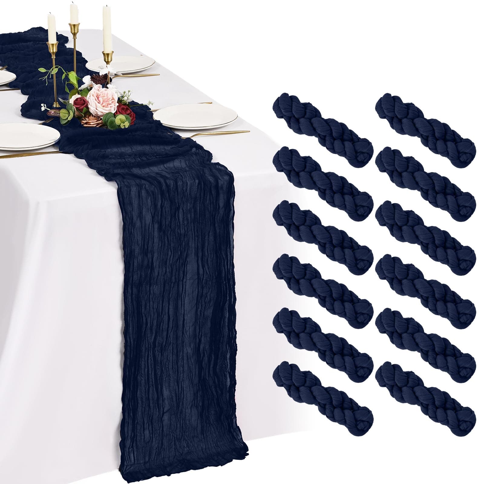 Showgeous Lot de 12 Chemins de Table Bleu Marine 55x300cm Mode Chemin de Table Bohèmes en Gaze,Boho en Tissu Froissé Mousseline Gaze de Coton Rustique pour Mariage,Fête Prénatale Décorations de Table