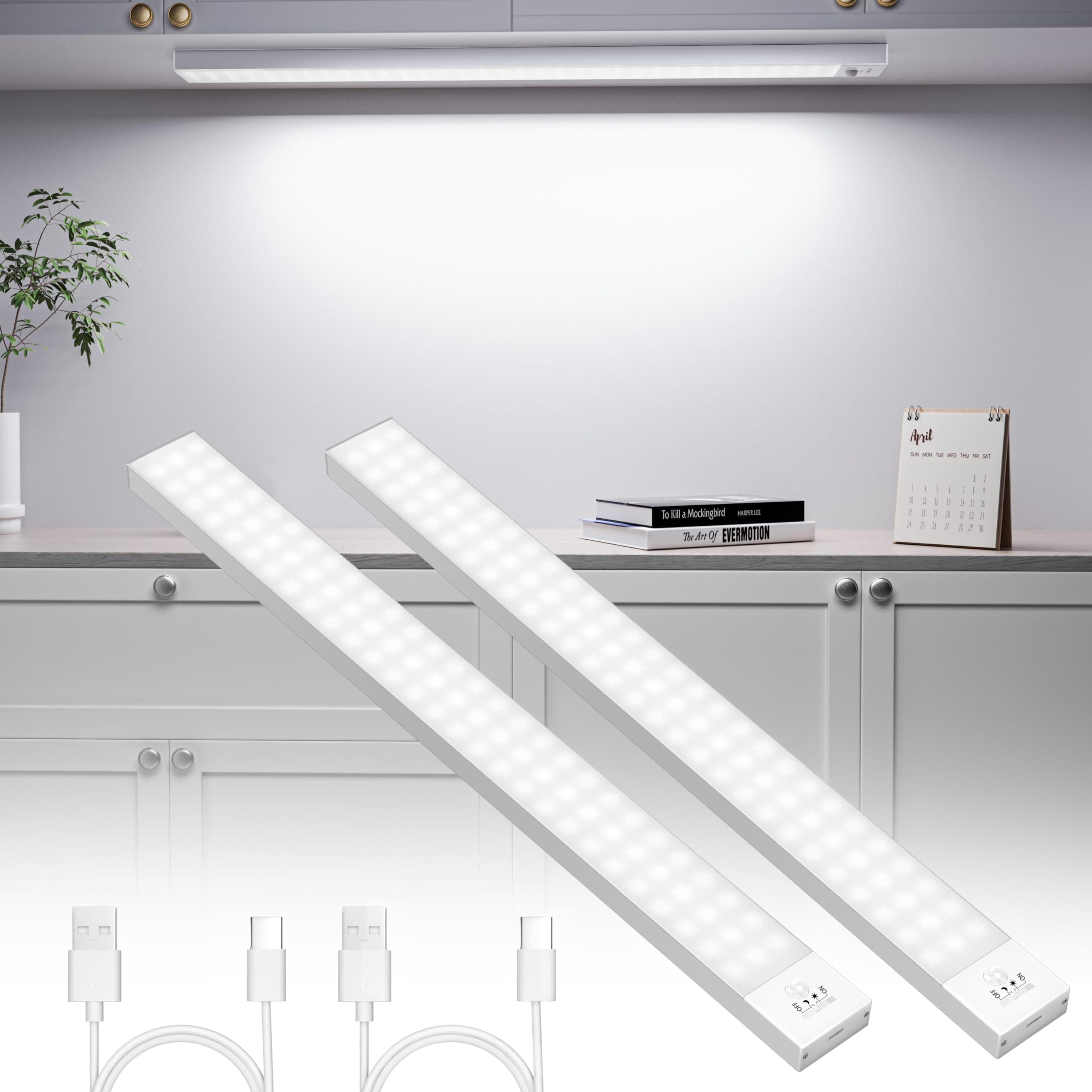 OUILA Luce Led Sottopensile Cucina 43cm, 2PCS 2500mAh, 4 Modalità con Sensore Movimento,5000K, Luce Armadio Led con Sensore per Armadio Scale Corridoio Garage Letto