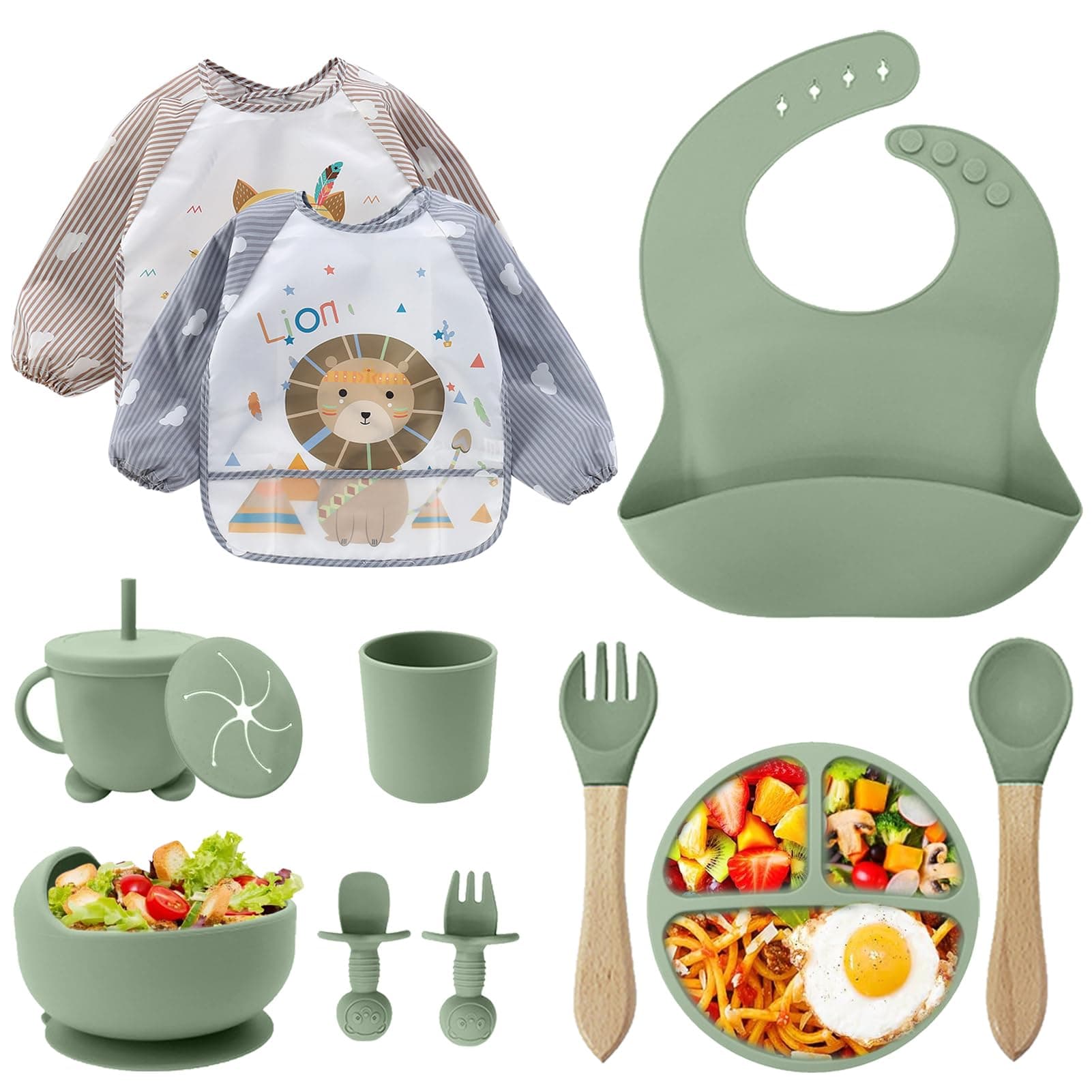 CUBTEM Set Pappa Svezzamento, Set di 12 Piatti per Bambini,Ventosa Ciotola e Cucchiaino per Neonati, Bavaglino in Silicone, Set di Posate per Bambini per Lo Svezzamento e L'Alimentazione