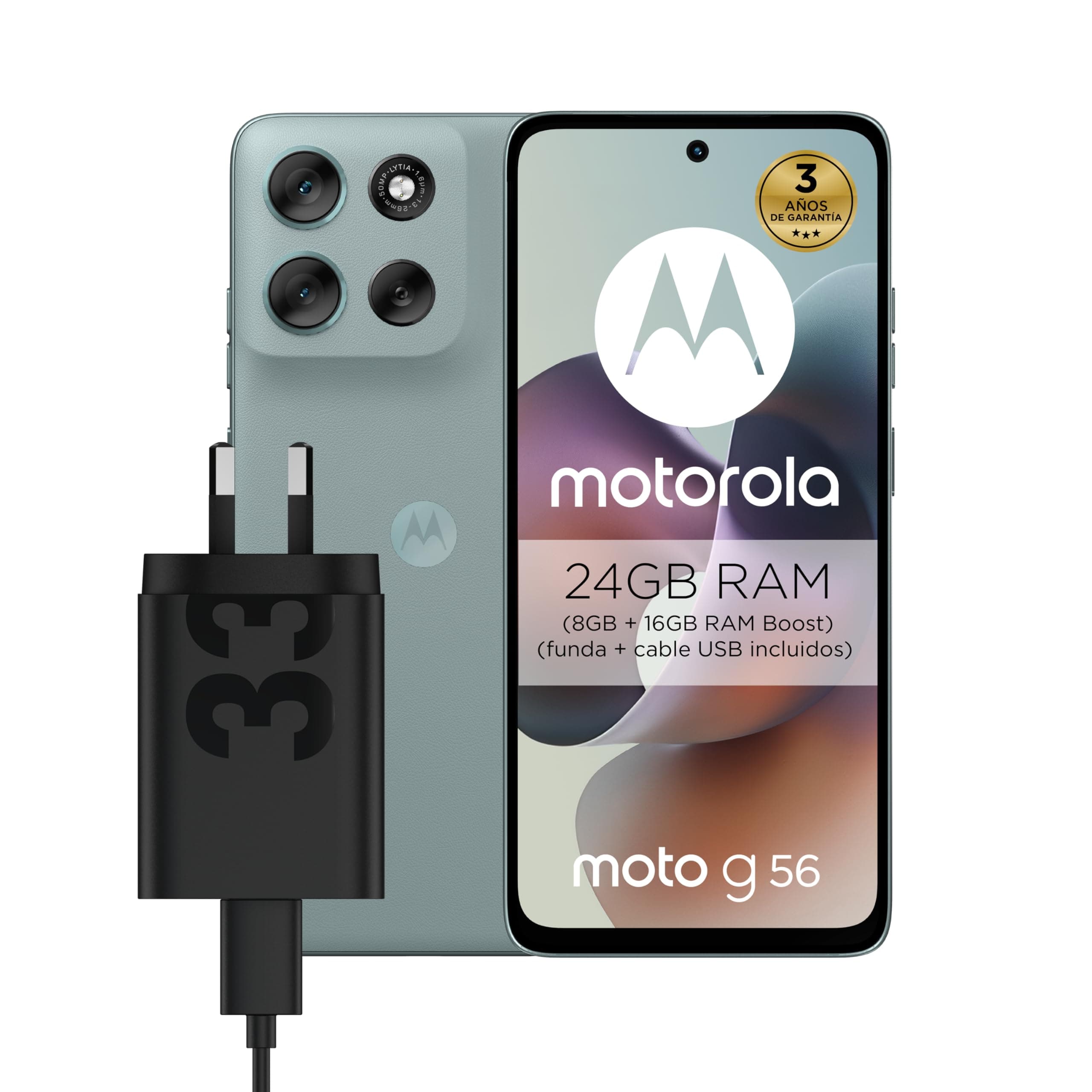 Motorola Moto G56 5G, Smartphone, 24GB (8GB+16GB RAM Boost)/256GB Gris, con Cargador Rápido TurboPower 33W