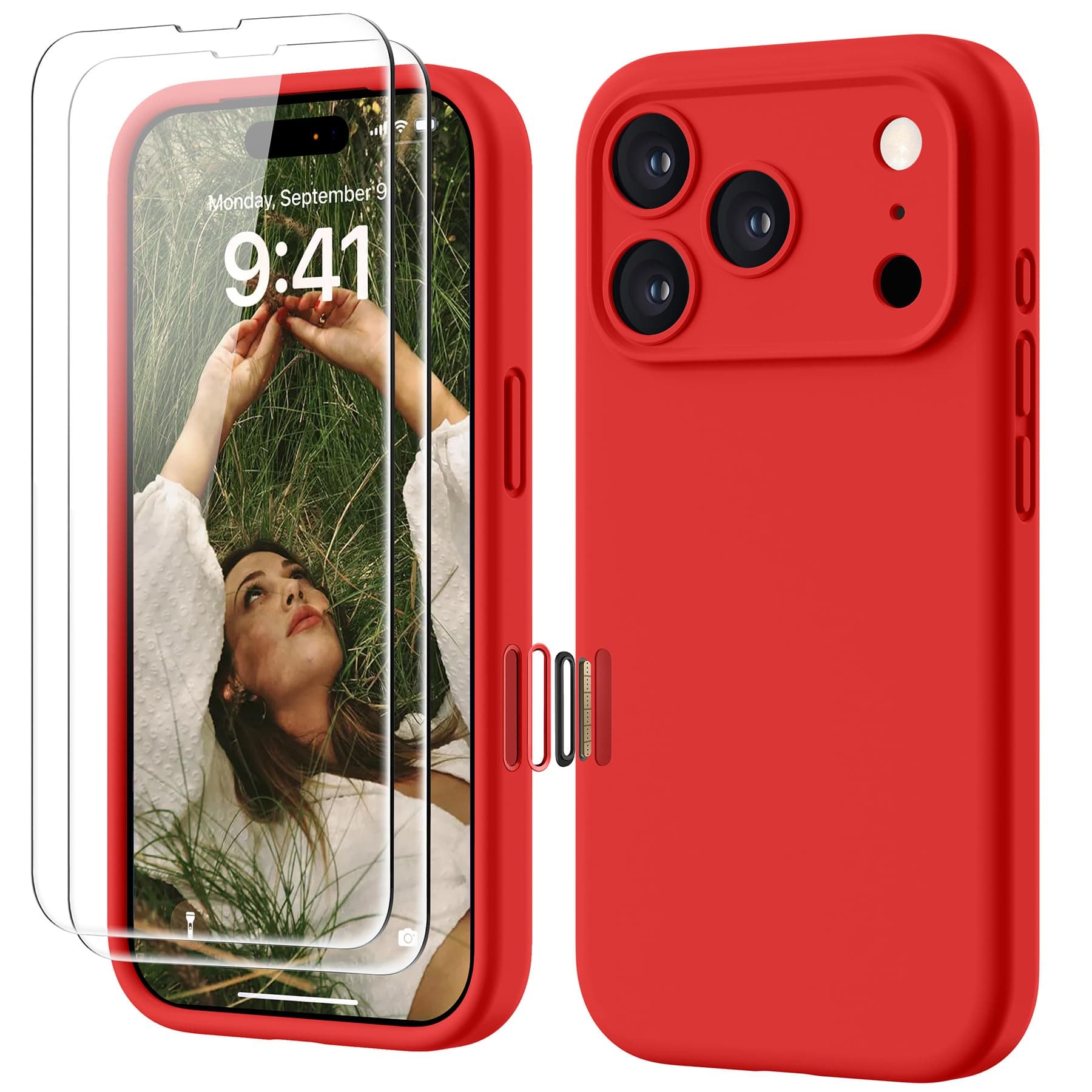 GOODVISH 4 en 1 Coque iPhone 17 Pro Silicone avec Bouton de Contrôle Caméra, avec 2 Verre Trempé, 360° Protection Étui Précise Résistant aux Rayures Antidérapant iPhone 17 Pro Case 6.3", Rouge