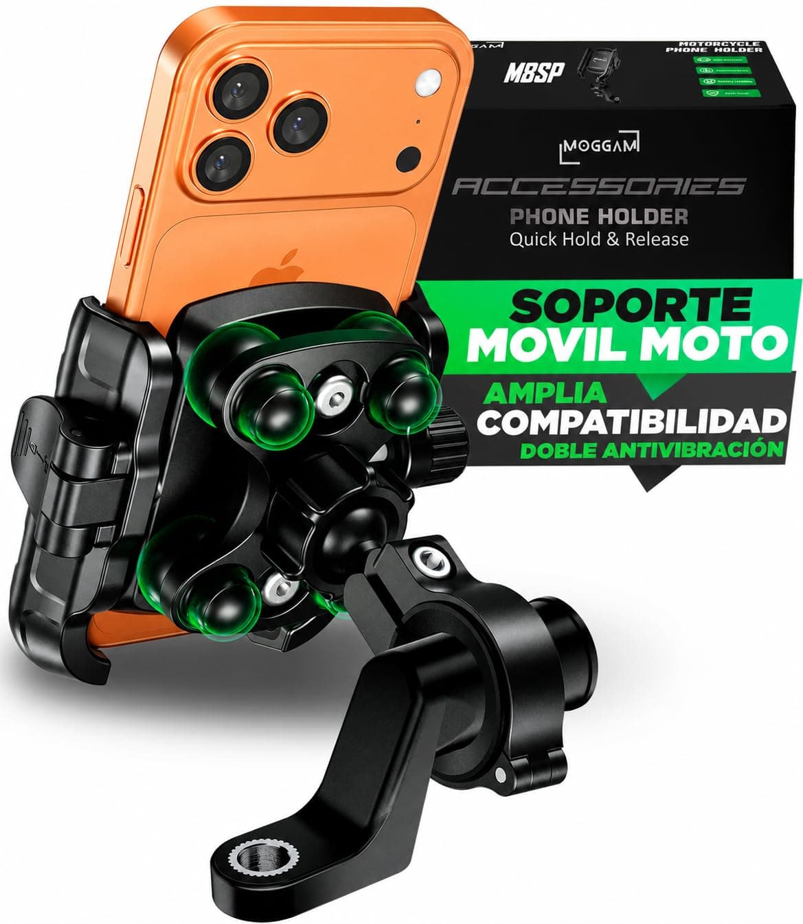 Soporte Movil Moto Antivibración de Aluminio CNC Liberación Rápida Rotación 360° para Montaje en Manillar 22-32mm y Espejo Retrovisor 12–14 mm Compatible con Scooter Bicicleta y Patinete Eléctrico