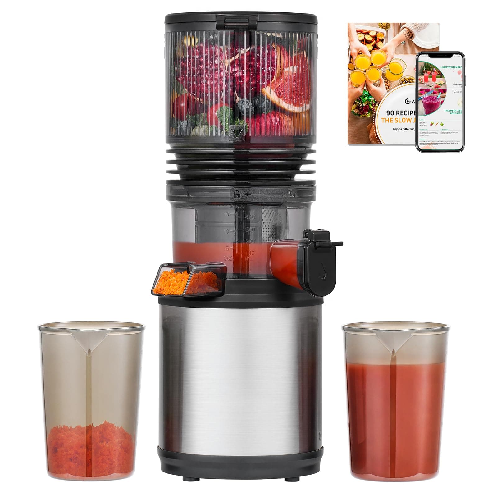 AMZCHEF Extractor de Jugo Exprimidor – Slow Juicer con Apertura Extra Grande de 160mm – Exprimidor de Frutas y Verduras – Recipiente de 2L, Seguro y Fácil de Limpiar, Acero Inoxidable