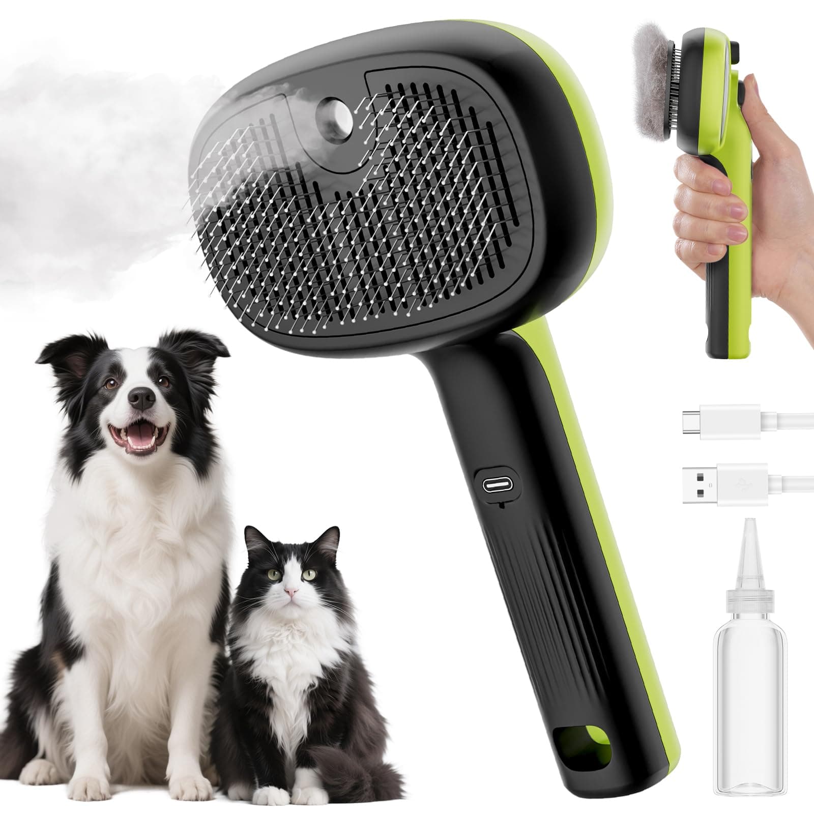 pecute Brosse Chat/Chien Autonettoyante, Brosse Vapeur Chat, Brosses Vaporisateur Chien, Efficace pour Poils Long et Court, 2 Mode de Pulvérisation, Antistatique, Ne Chauffe Pas, Vert