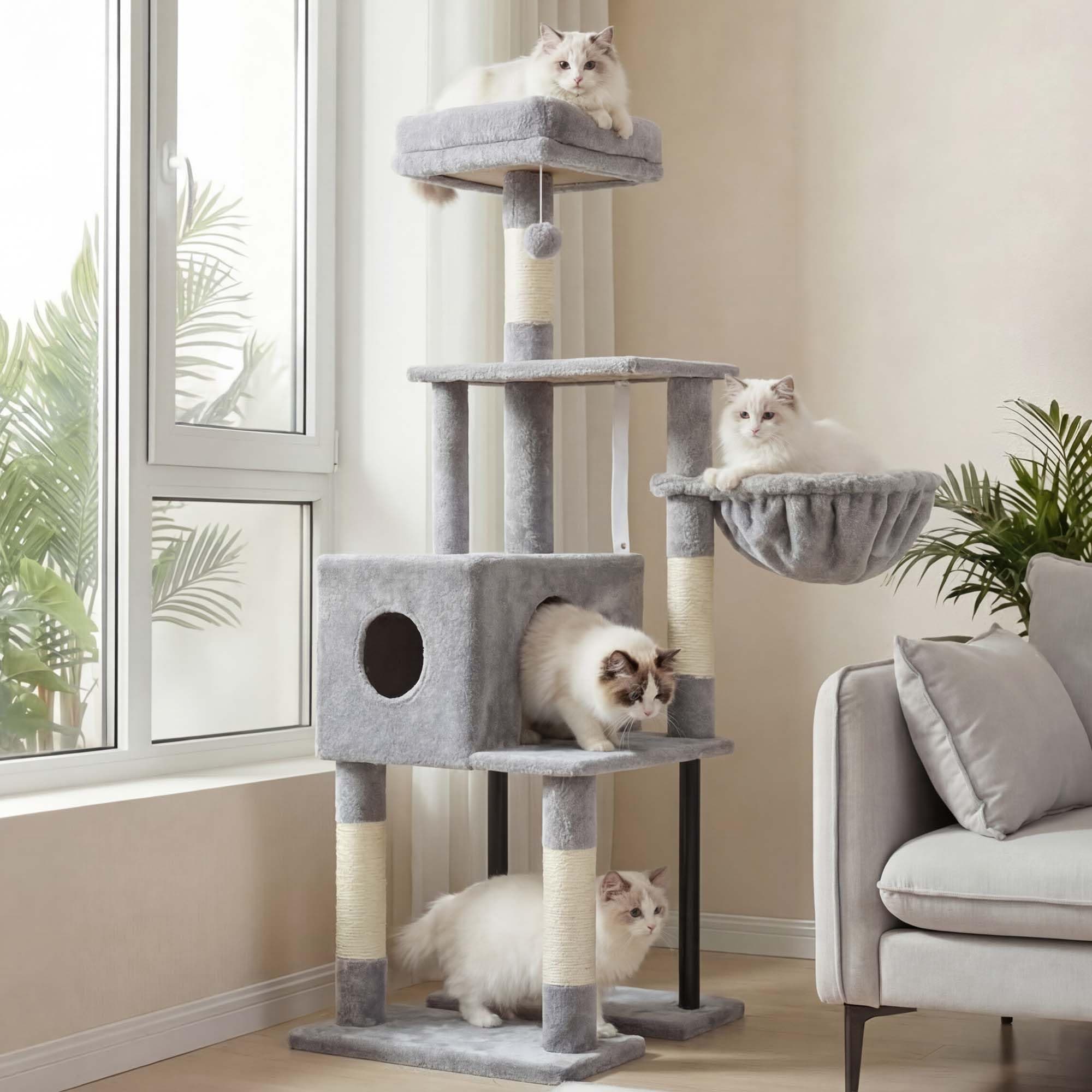 Heybly Rascador para Gatos, Árbol para Gatos De 125 Cm, Torre De Gato Espaciosa Y Cómoda con Guarida, Dos Grandes Plataformas, Cesta, Robustos Tubos De Acero, Gris Claro HCT200SW-