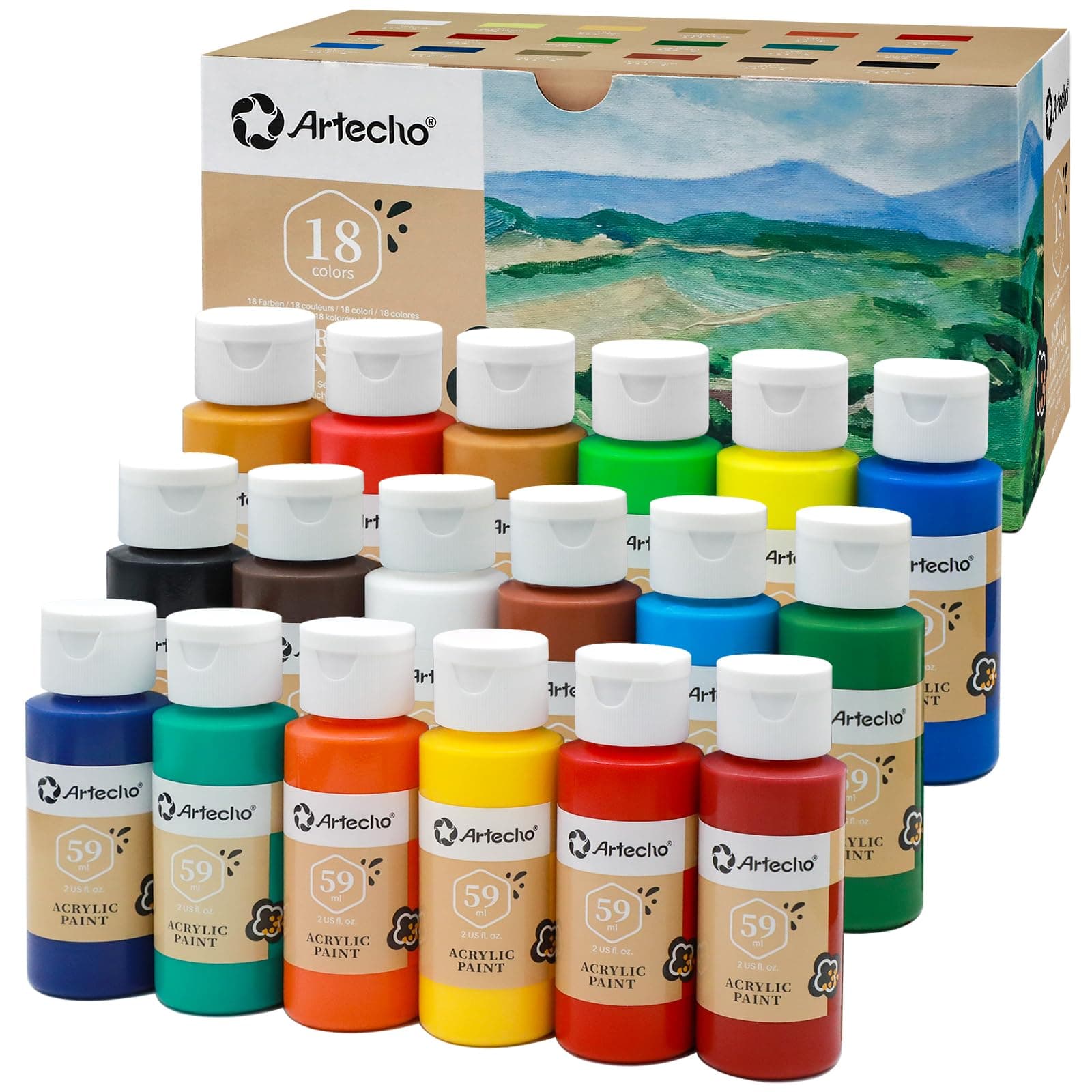 Artecho Colori Acrilici 18 × 59ml, Colori Acrilici per Dipingere, per Tela, Tessuti, Legno e Pietra, Adatto per Principianti e Professionisti.