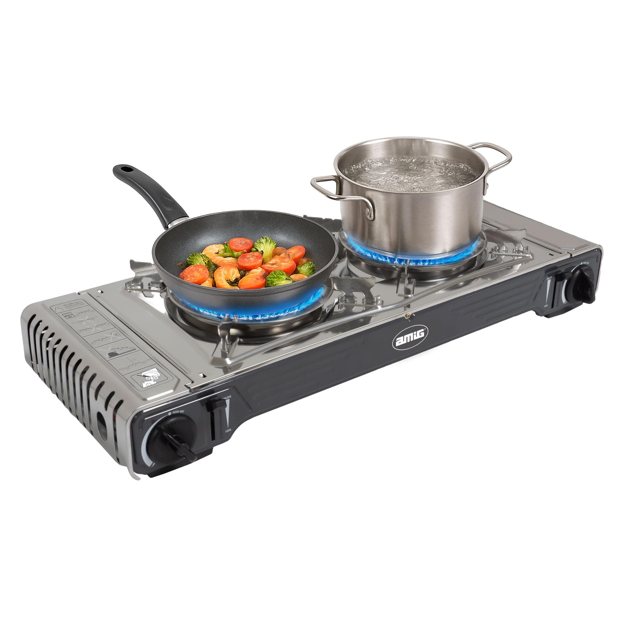 Amig - Hornillo Camping Gas | Cocina Portatil | 2X Quemadores | Incluye Plancha - Parrilla De Fundicion | Acero Inoxidable | 2,2 Kw Potencia x 2
