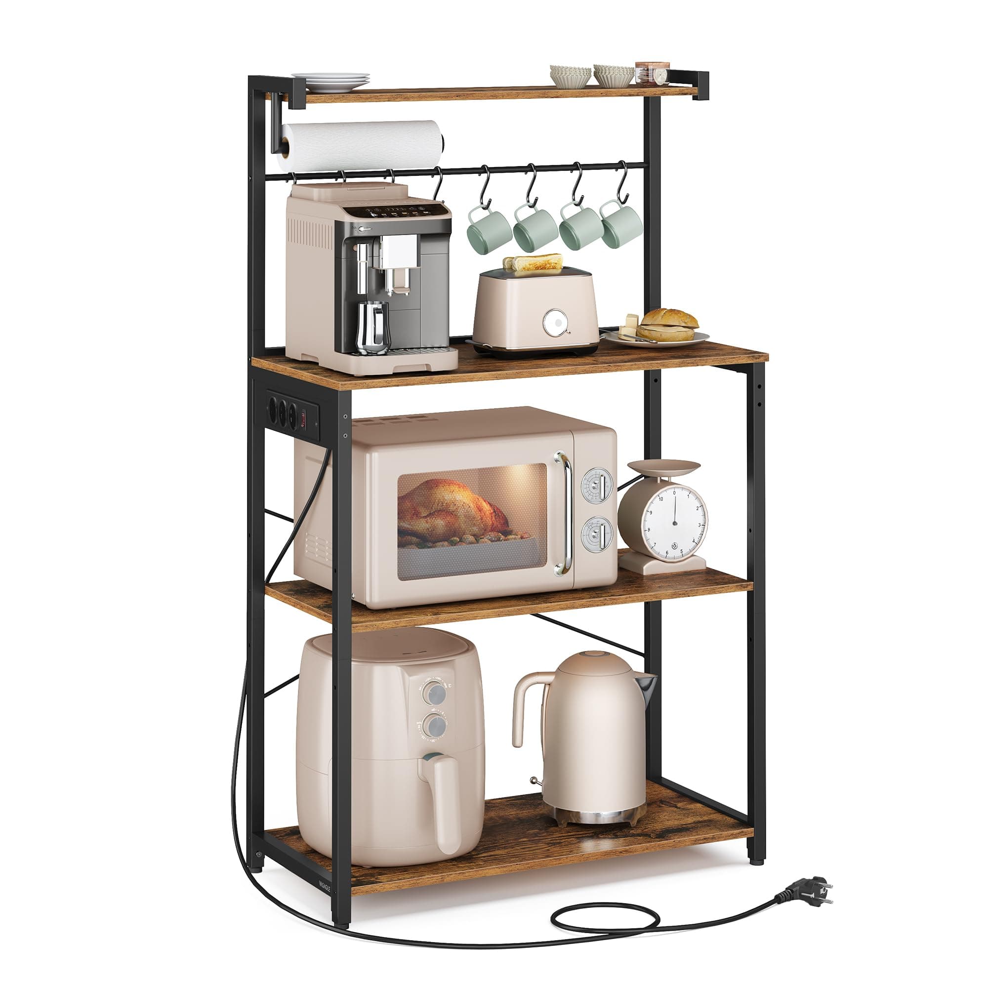 VASAGLE Estantería de Cocina con Enchufe Múltiple, Barra de Café de 4 Niveles con Estante Ajustable, 8 Ganchos S, Soporte de Microondas, 40 x 80 x 140 cm, Marrón Rústico y Negro Tinta KKS029KD02