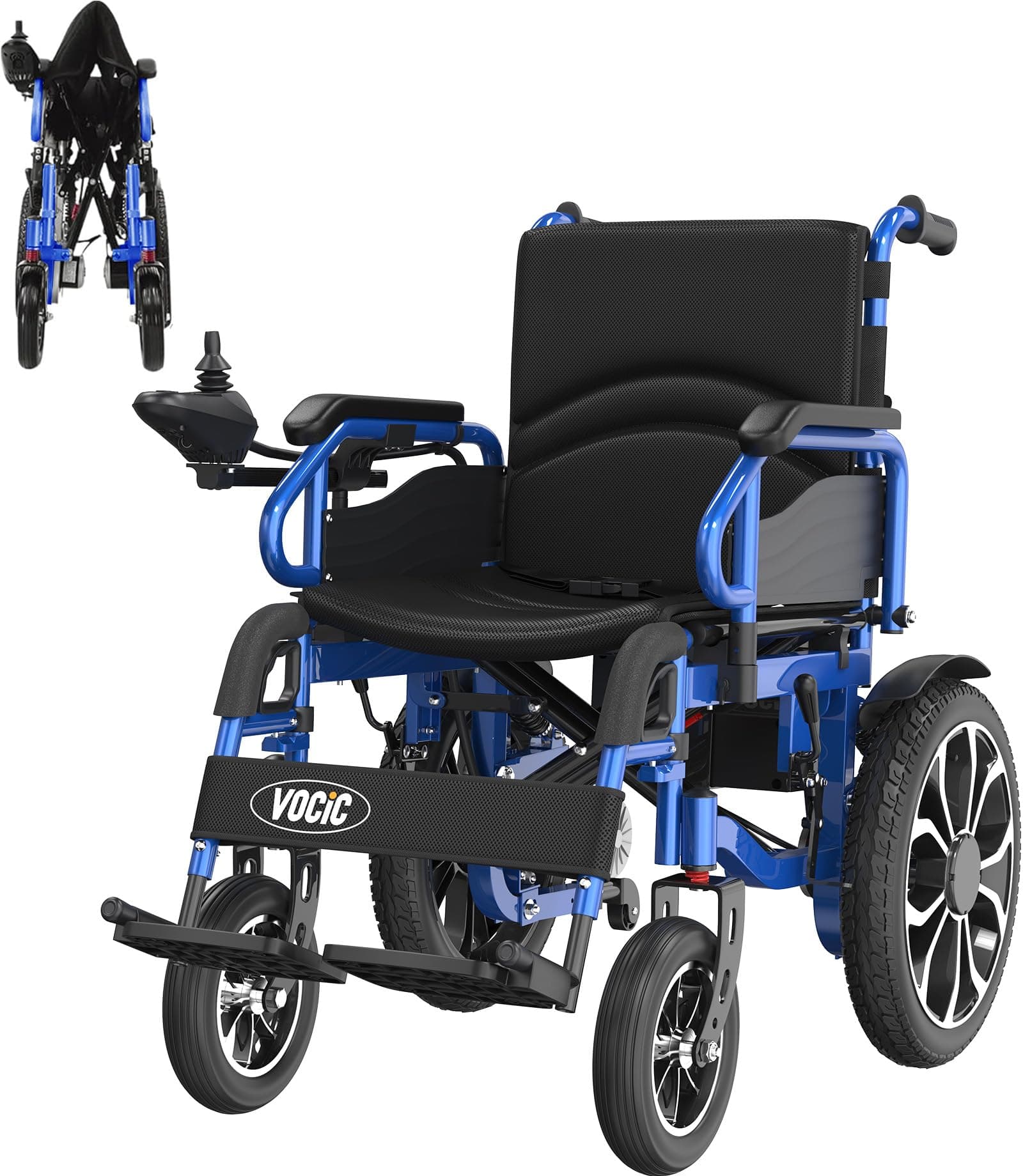VOCIC Fauteuil roulant electrique pliable leger pour 150KG,30KM fauteuil handicapés électrique Stable,Chaise roulante électrique avec 40CM pneus gonflables amortisseurs(Bleu)