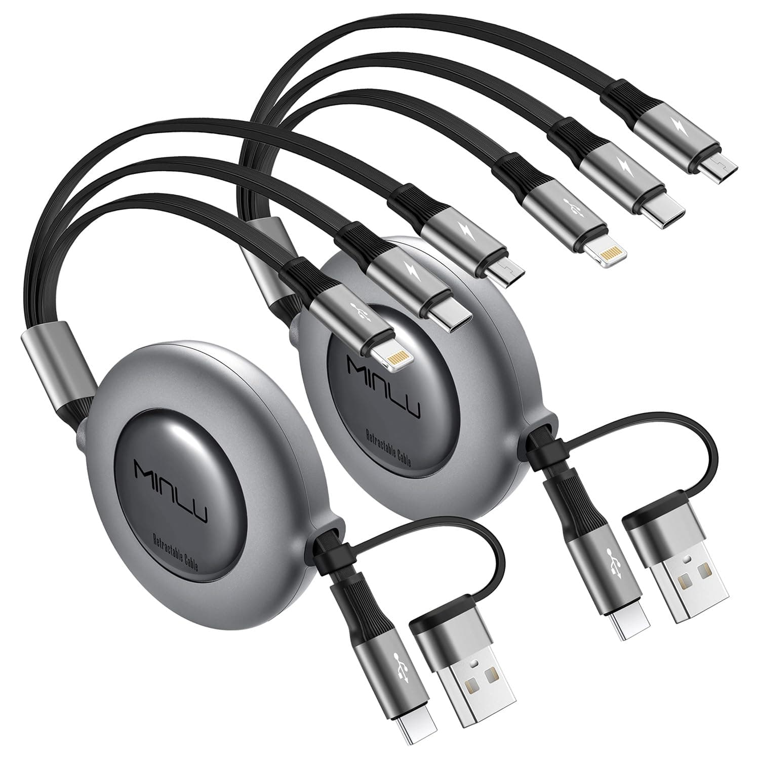 Minlu Câble Chargeur Multi Embout, Câble de Charge Rétractable 5 en 1 [1,2m,Lot de 2] Câble de Charge Rapide USB C avec Lightning Micro USB Type C pour iPhone 17 16 15 14,iPad,Android,Galaxy,Tablet