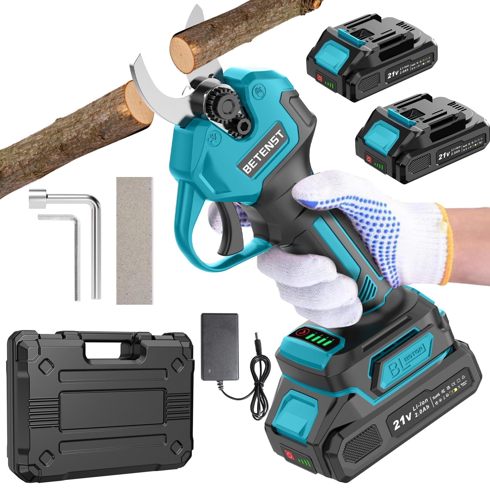 Forbici Potatura a Batteria Brushless, BETENST Forbici Elettriche con 2 Batterie 2.0Ah, Lama SK5, Schermo LCD Cesoie a Batterie, Pietra per affilare per Frutteti, Paesaggistica e Giardinaggio